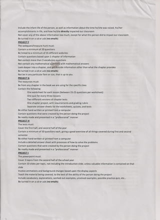Include the infant life of the person, as well as information     about the time he/she was raised, his/her
accomplishments     in life, and how he/she directly impacted our classroom
Not cover any of the above information      too much, except for what this person did to impact our classroom
Be turned in on a cd or usb (no emails)
PROJECT F
The webquestftreasure       hunt must:
Contain a minimum of 20 questions
Be linked to a minimum of 15 different websites
Contain questions based upon 1 chapter of information
Not contain more than 3 vocabulary questions
Not contain any mathematical       questions with mathematical     answers
Look deeper into a chapter, and get outside information         other than what the chapterprovides
Be turned in on a cd or usb (no emails)
Not be in any particular font or size, that is up to you
PROJECTG
The resources must:
Be from any chapter in the book we are using for the specific class
Contain the following:
           One worksheet for each lesson (between 15-25 questions per worksheet)
           One quiz for every three lessons
           Two different   versions of chapter tests
           One chapter project, with requirements      and grading rubric
           Separate answer sheets for the worksheets, quizzes, and tests
Be either hand-written     or printed from a computer
Contain questions that were created by the person doing the project
Be neatly made and presented in a "professional"        manner
PROJECT H
The tests must:
Cover the first half, and second half of the year
Contain a minimum of 50 questions each, giving a good overview of all things covered during first and second
semester
Be either hand-written     or printed from a computer
Include a detailed answer sheet with processes of how to solve the problems
Contain questions that were created by the person doing the project
Be neatly made and presented in a "professional"        manner
PROJECT I
The powerpoint     must:
Cover 3 topics from the second half of the school year
Contain 10 slides per topic, not including the introduction      slide, unless valuable information   is contained on that
slide
Involve animations and background changes based upon the display aspects
Teach the material being covered, to the best of the ability of the person doing the project
Include vocabulary, explanations, worked out examples, unsolved examples, possible practice quiz, etc ...
Be turned in on a cd or usb (no emails)
 