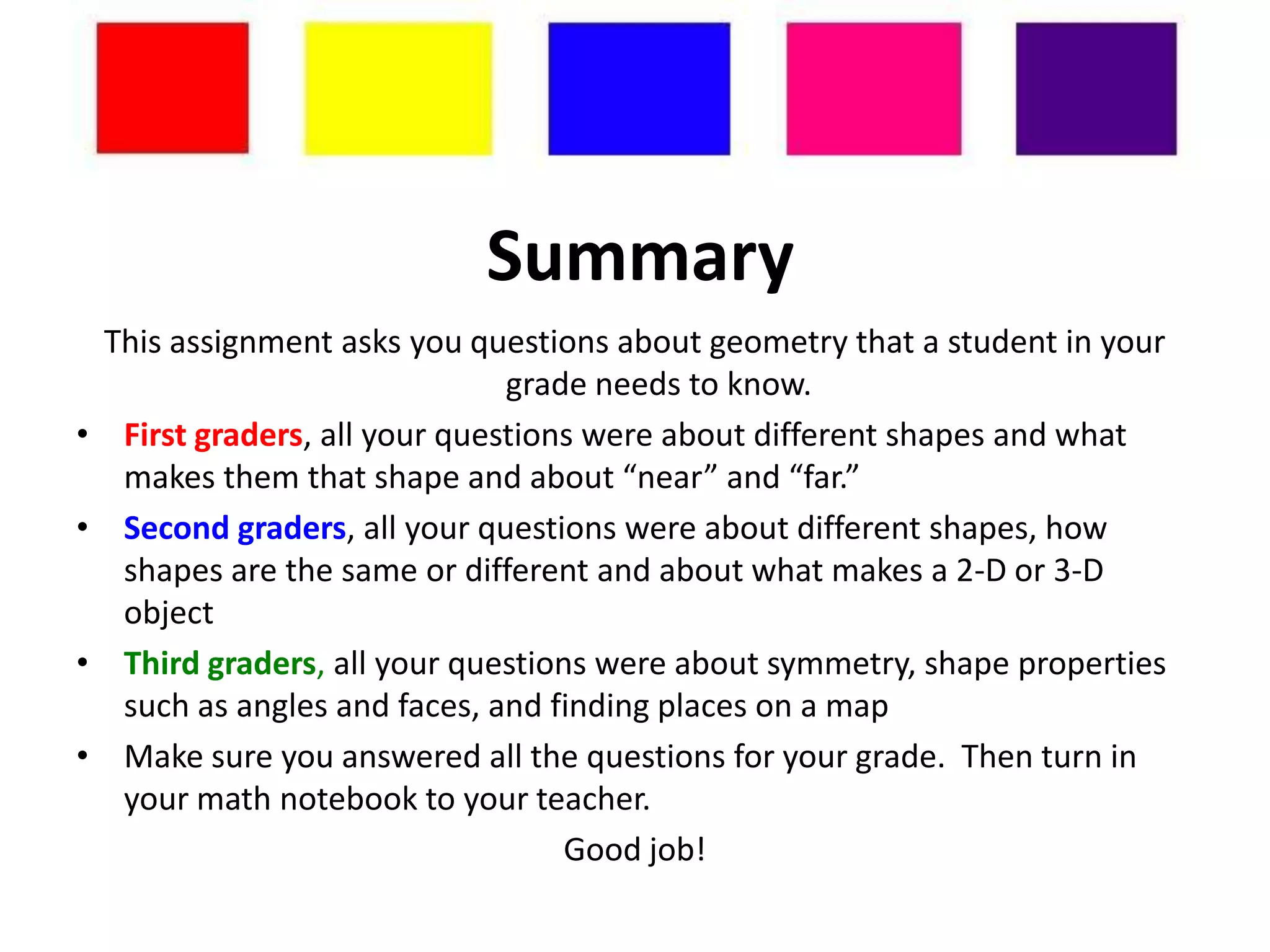 Summary
    This assignment asks you questions about geometry that a student in your
                                 grade needs to know.
•    First graders, all your questions were about different shapes and what
     makes them that shape and about “near” and “far.”
•    Second graders, all your questions were about different shapes, how
     shapes are the same or different and about what makes a 2-D or 3-D
     object
•    Third graders, all your questions were about symmetry, shape properties
     such as angles and faces, and finding places on a map
•    Make sure you answered all the questions for your grade. Then turn in
     your math notebook to your teacher.
                                     Good job!
 