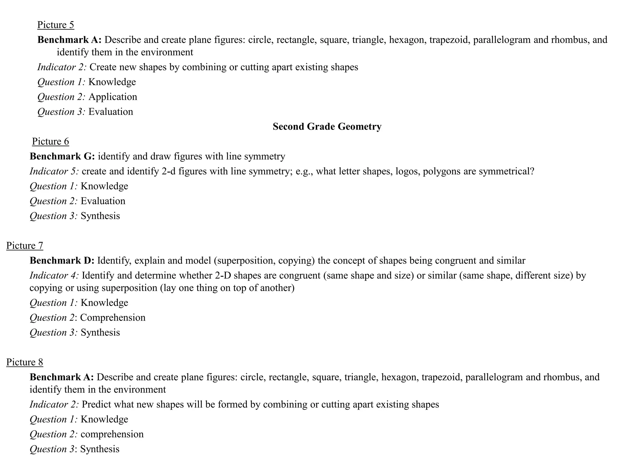 Picture 5
       Benchmark A: Describe and create plane figures: circle, rectangle, square, triangle, hexagon, trapezoid, parallelogram and rhombus, and
            identify them in the environment
       Indicator 2: Create new shapes by combining or cutting apart existing shapes
       Question 1: Knowledge
       Question 2: Application
       Question 3: Evaluation
                                                                Second Grade Geometry
      Picture 6
     Benchmark G: identify and draw figures with line symmetry
     Indicator 5: create and identify 2-d figures with line symmetry; e.g., what letter shapes, logos, polygons are symmetrical?
     Question 1: Knowledge
     Question 2: Evaluation
     Question 3: Synthesis

Picture 7
      Benchmark D: Identify, explain and model (superposition, copying) the concept of shapes being congruent and similar
      Indicator 4: Identify and determine whether 2-D shapes are congruent (same shape and size) or similar (same shape, different size) by
      copying or using superposition (lay one thing on top of another)
      Question 1: Knowledge
      Question 2: Comprehension
      Question 3: Synthesis

Picture 8
      Benchmark A: Describe and create plane figures: circle, rectangle, square, triangle, hexagon, trapezoid, parallelogram and rhombus, and
      identify them in the environment
      Indicator 2: Predict what new shapes will be formed by combining or cutting apart existing shapes
      Question 1: Knowledge
      Question 2: comprehension
      Question 3: Synthesis
 