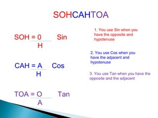 SOHCAHTOA
                   1. You use Sin when you
                   have the opposite and
SOH = 0    Sin     hypotenuse
      H
                 2. You use Cos when you
                 have the adjacent and
                 hypotenuse
CAH = A   Cos
     H           3. You use Tan when you have the
                 opposite and the adjacent



TOA = O    Tan
      A
 