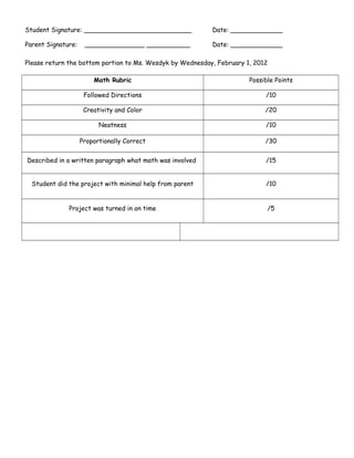 Student Signature: ___________________________             Date: _____________

Parent Signature:    _______________ ___________           Date: _____________

Please return the bottom portion to Ms. Wesdyk by Wednesday, February 1, 2012

                        Math Rubric                                    Possible Points

                     Followed Directions                                    /10

                     Creativity and Color                                   /20

                          Neatness                                          /10

                    Proportionally Correct                                  /30


Described in a written paragraph what math was involved                     /15


  Student did the project with minimal help from parent                     /10


              Project was turned in on time                                  /5
 