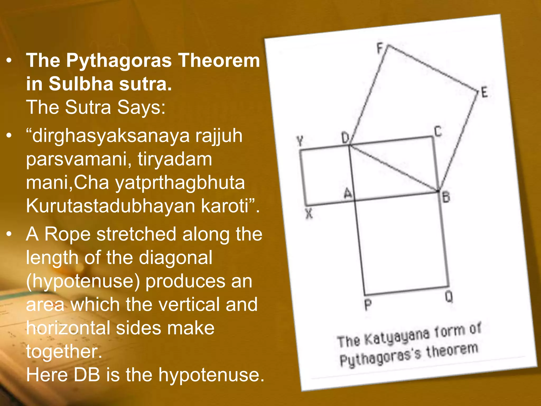 • The Pythagoras Theorem
in Sulbha sutra.
The Sutra Says:
• “dirghasyaksanaya rajjuh
parsvamani, tiryadam
mani,Cha yatprthagbhuta
Kurutastadubhayan karoti”.
• A Rope stretched along the
length of the diagonal
(hypotenuse) produces an
area which the vertical and
horizontal sides make
together.
Here DB is the hypotenuse.
 