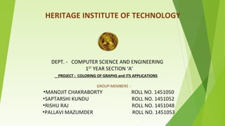 i
i
HERITAGE INSTITUTE OF TECHNOLOGY
DEPT. - COMPUTER SCIENCE AND ENGINEERING
1ST
YEAR SECTION ‘A’
PROJECT : COLORING OF GRAPHS and ITS APPLICATIONS
GROUP MEMBERS :
•MANOJIT CHAKRABORTY ROLL NO. 1451050
•SAPTARSHI KUNDU ROLL NO. 1451052
•RISHU RAJ ROLL NO. 1451048
•PALLAVI MAZUMDER ROLL NO. 1451053
 