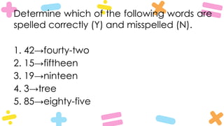 Determine which of the following words are
spelled correctly (Y) and misspelled (N).
1. 42→fourty-two
2. 15→fiftheen
3. 19→ninteen
4. 3→tree
5. 85→eighty-five
 