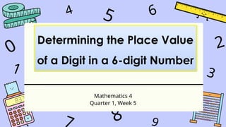 1
4
9
6
3
7
5
2
0
8
Mathematics 4
Quarter 1, Week 5
Determining the Place Value
of a Digit in a 6-digit Number
 