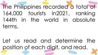 The Philippines recorded a total of
164,000 tourists in2021, ranking
144th in the world in absolute
terms.
Let us read and determine the
position of each digit, and read.
 