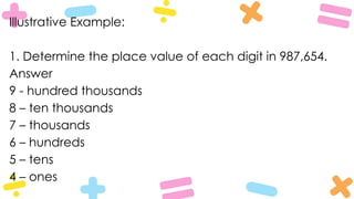 Illustrative Example:
1. Determine the place value of each digit in 987,654.
Answer
9 - hundred thousands
8 – ten thousands
7 – thousands
6 – hundreds
5 – tens
4 – ones
 