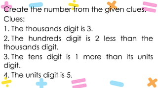 Create the number from the given clues.
Clues:
1. The thousands digit is 3.
2. The hundreds digit is 2 less than the
thousands digit.
3. The tens digit is 1 more than its units
digit.
4. The units digit is 5.
 