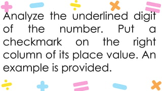 Analyze the underlined digit
of the number. Put a
checkmark on the right
column of its place value. An
example is provided.
 