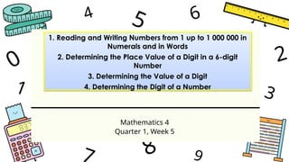 1
4
9
6
3
7
5
2
0
8
Mathematics 4
Quarter 1, Week 5
1. Reading and Writing Numbers from 1 up to 1 000 000 in
Numerals and in Words
2. Determining the Place Value of a Digit in a 6-digit
Number
3. Determining the Value of a Digit
4. Determining the Digit of a Number
 