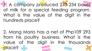 1. A company produced 273 234 boxes
of milk for a special feeding program.
What is the value of the digit in the
hundreds place?
2. Mang Mario has a net of Php109 293
from his poultry business. What is the
value of the digit in the thousands
place?
 