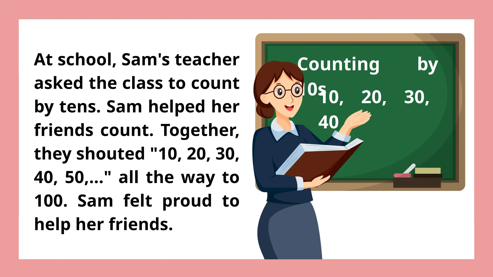 Counting by
10s
At school, Sam's teacher
asked the class to count
by tens. Sam helped her
friends count. Together,
they shouted "10, 20, 30,
40, 50,..." all the way to
100. Sam felt proud to
help her friends.
10, 20, 30,
40
 