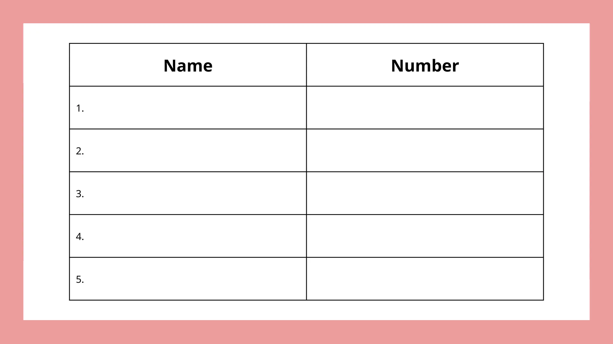 Name Number
1.
2.
3.
4.
5.
 