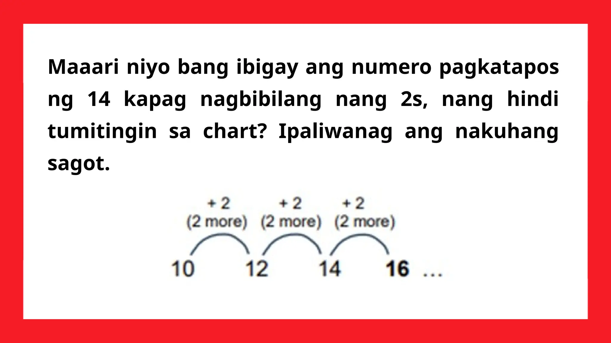 Maaari niyo bang ibigay ang numero pagkatapos
ng 14 kapag nagbibilang nang 2s, nang hindi
tumitingin sa chart? Ipaliwanag ang nakuhang
sagot.
 