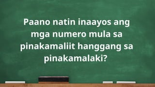 Paano natin inaayos ang
mga numero mula sa
pinakamaliit hanggang sa
pinakamalaki?
 