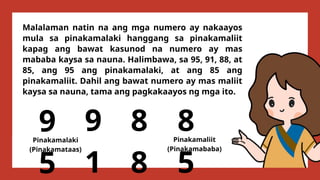 Malalaman natin na ang mga numero ay nakaayos
mula sa pinakamalaki hanggang sa pinakamaliit
kapag ang bawat kasunod na numero ay mas
mababa kaysa sa nauna. Halimbawa, sa 95, 91, 88, at
85, ang 95 ang pinakamalaki, at ang 85 ang
pinakamaliit. Dahil ang bawat numero ay mas maliit
kaysa sa nauna, tama ang pagkakaayos ng mga ito.
9
5
9
1
8
8
8
5
Pinakamaliit
(Pinakamababa)
Pinakamalaki
(Pinakamataas)
 