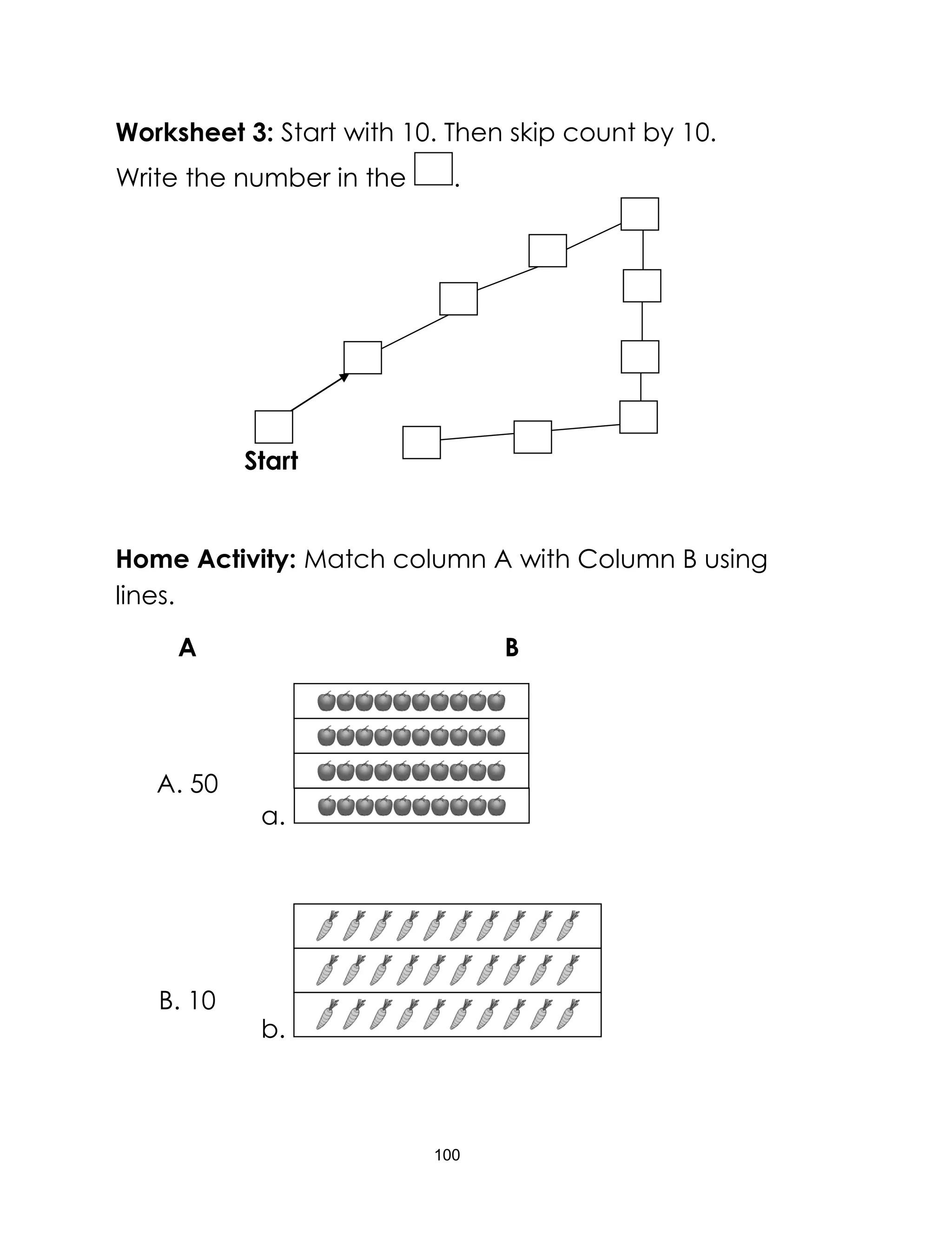 100
Worksheet 3: Start with 10. Then skip count by 10.
Write the number in the .
Home Activity: Match column A with Column B using
lines.
A B
A. 50
a.
B. 10
b.
Start
 
