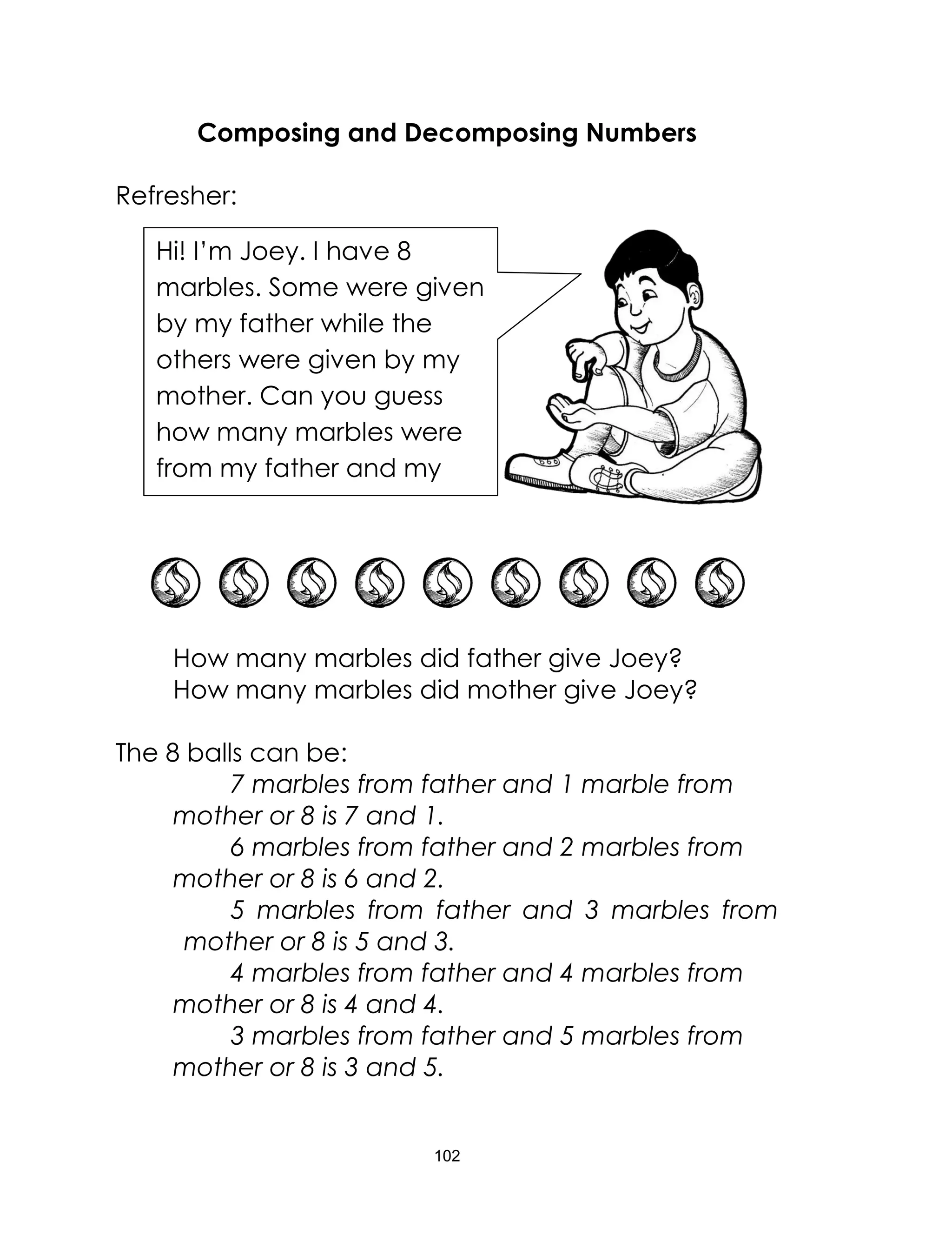 102
Composing and Decomposing Numbers
Refresher:
How many marbles did father give Joey?
How many marbles did mother give Joey?
The 8 balls can be:
7 marbles from father and 1 marble from
mother or 8 is 7 and 1.
6 marbles from father and 2 marbles from
mother or 8 is 6 and 2.
5 marbles from father and 3 marbles from
mother or 8 is 5 and 3.
4 marbles from father and 4 marbles from
mother or 8 is 4 and 4.
3 marbles from father and 5 marbles from
mother or 8 is 3 and 5.
Hi! I’m Joey. I have 8
marbles. Some were given
by my father while the
others were given by my
mother. Can you guess
how many marbles were
from my father and my
mother?
 