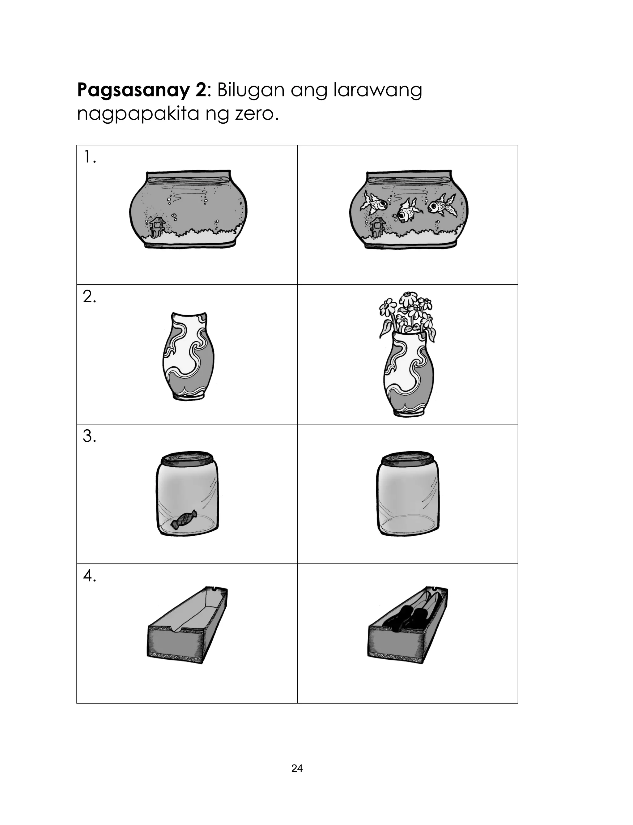 24
Pagsasanay 2: Bilugan ang larawang
nagpapakita ng zero.
1.
2.
3.
4.
 