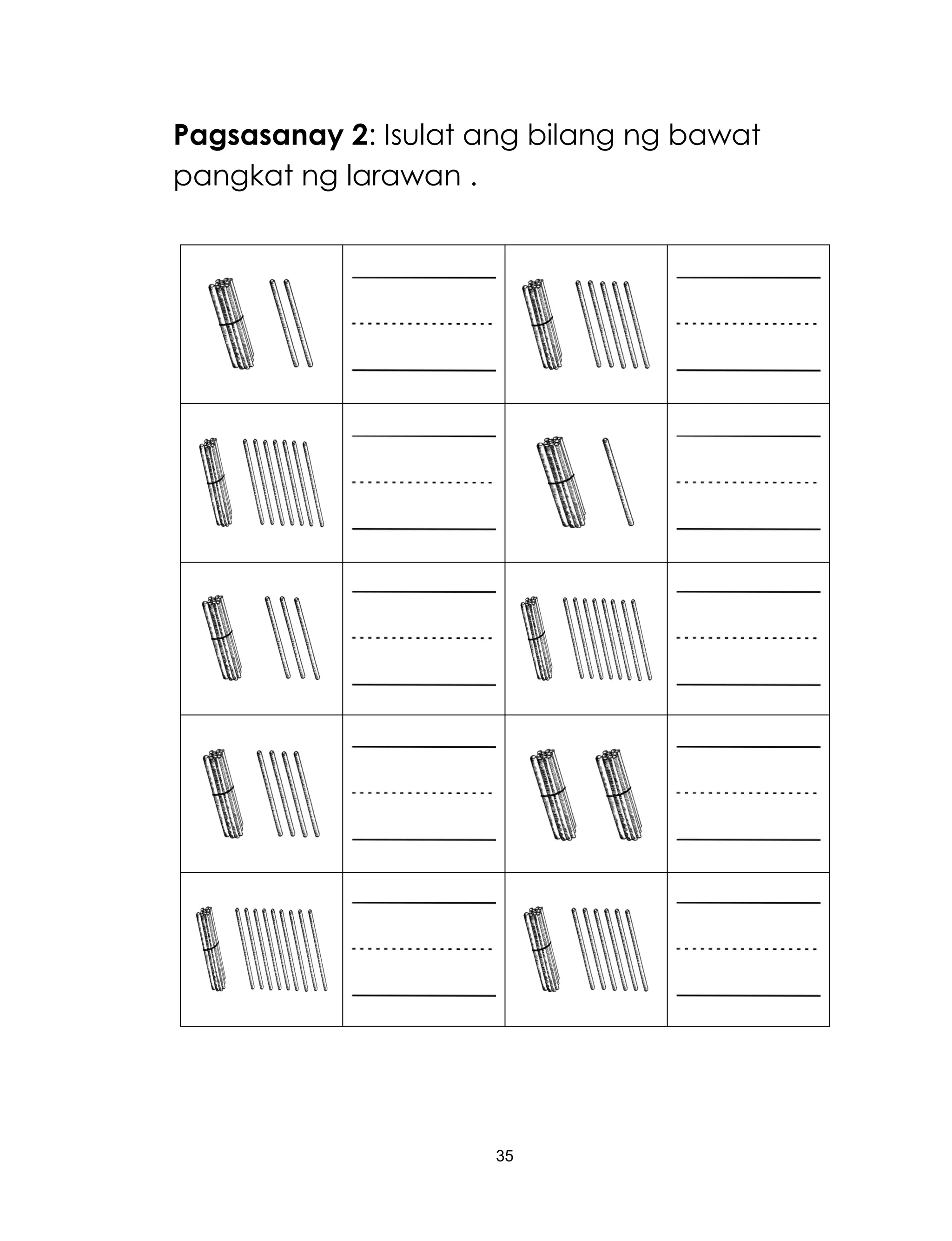 35
Pagsasanay 2: Isulat ang bilang ng bawat
pangkat ng larawan .
 