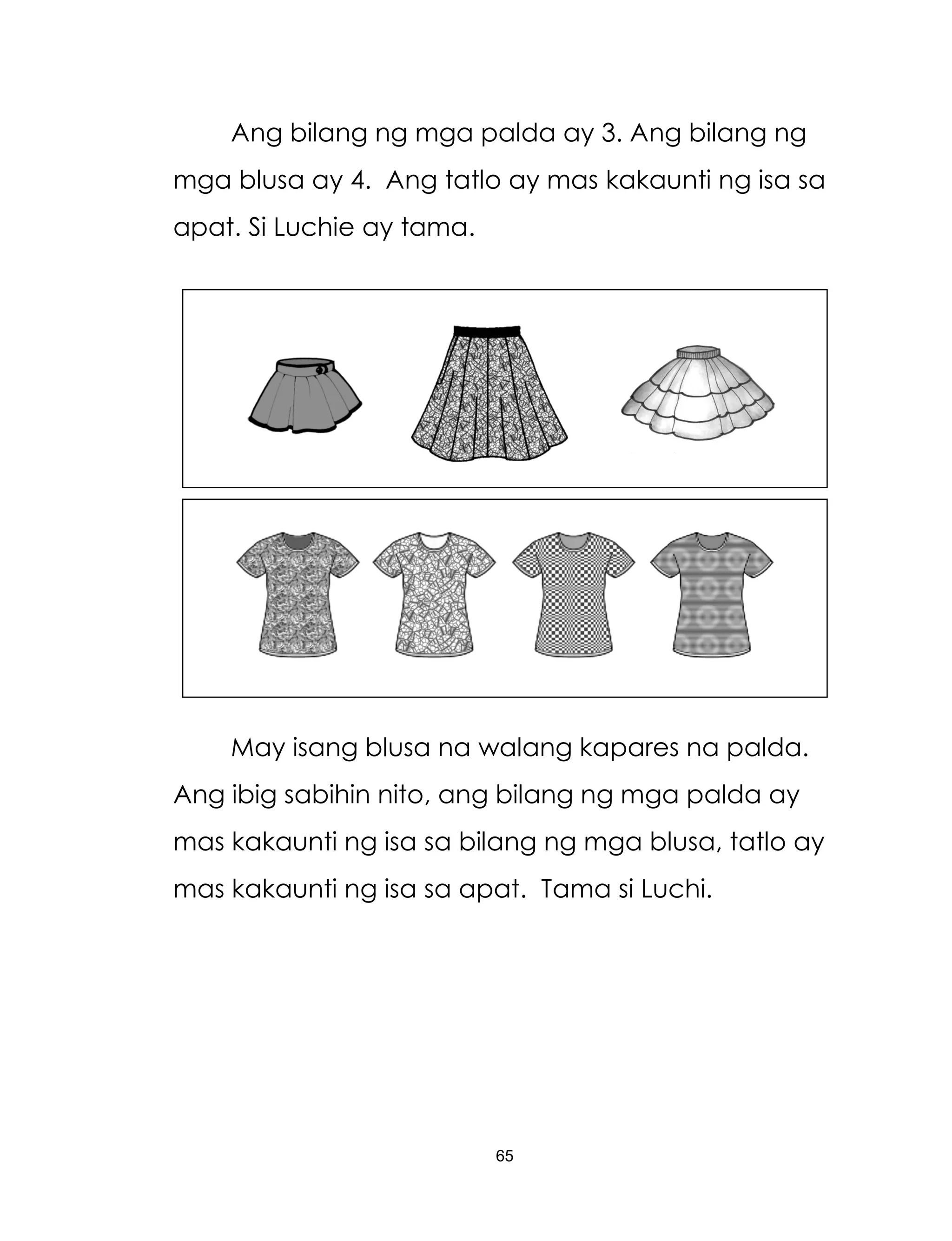 65
Ang bilang ng mga palda ay 3. Ang bilang ng
mga blusa ay 4. Ang tatlo ay mas kakaunti ng isa sa
apat. Si Luchie ay tama.
May isang blusa na walang kapares na palda.
Ang ibig sabihin nito, ang bilang ng mga palda ay
mas kakaunti ng isa sa bilang ng mga blusa, tatlo ay
mas kakaunti ng isa sa apat. Tama si Luchi.
 
