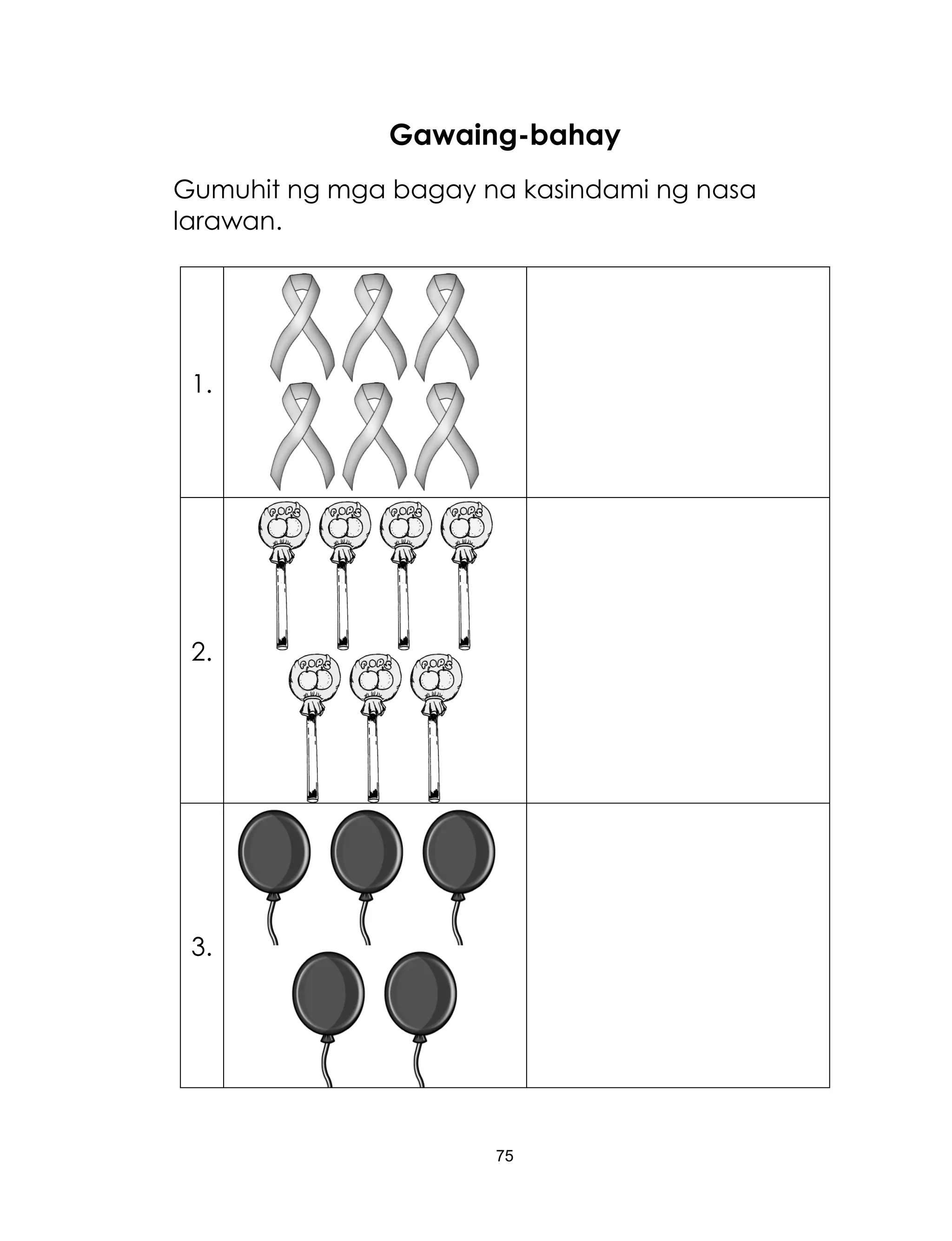 75
Gawaing-bahay
Gumuhit ng mga bagay na kasindami ng nasa
larawan.
1.
2.
3.
 