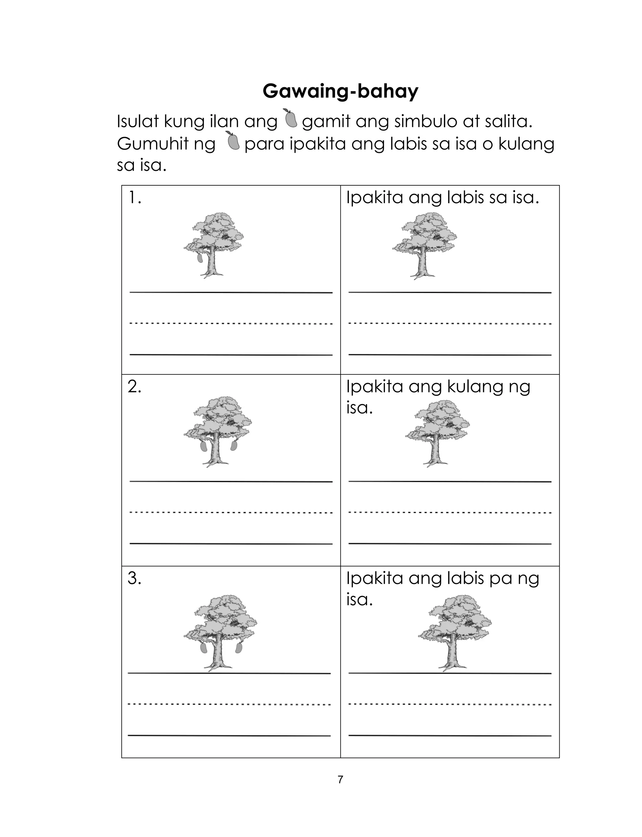7
Gawaing-bahay
Isulat kung ilan ang gamit ang simbulo at salita.
Gumuhit ng para ipakita ang labis sa isa o kulang
sa isa.
1. Ipakita ang labis sa isa.
2. Ipakita ang kulang ng
isa.
3. Ipakita ang labis pa ng
isa.
 