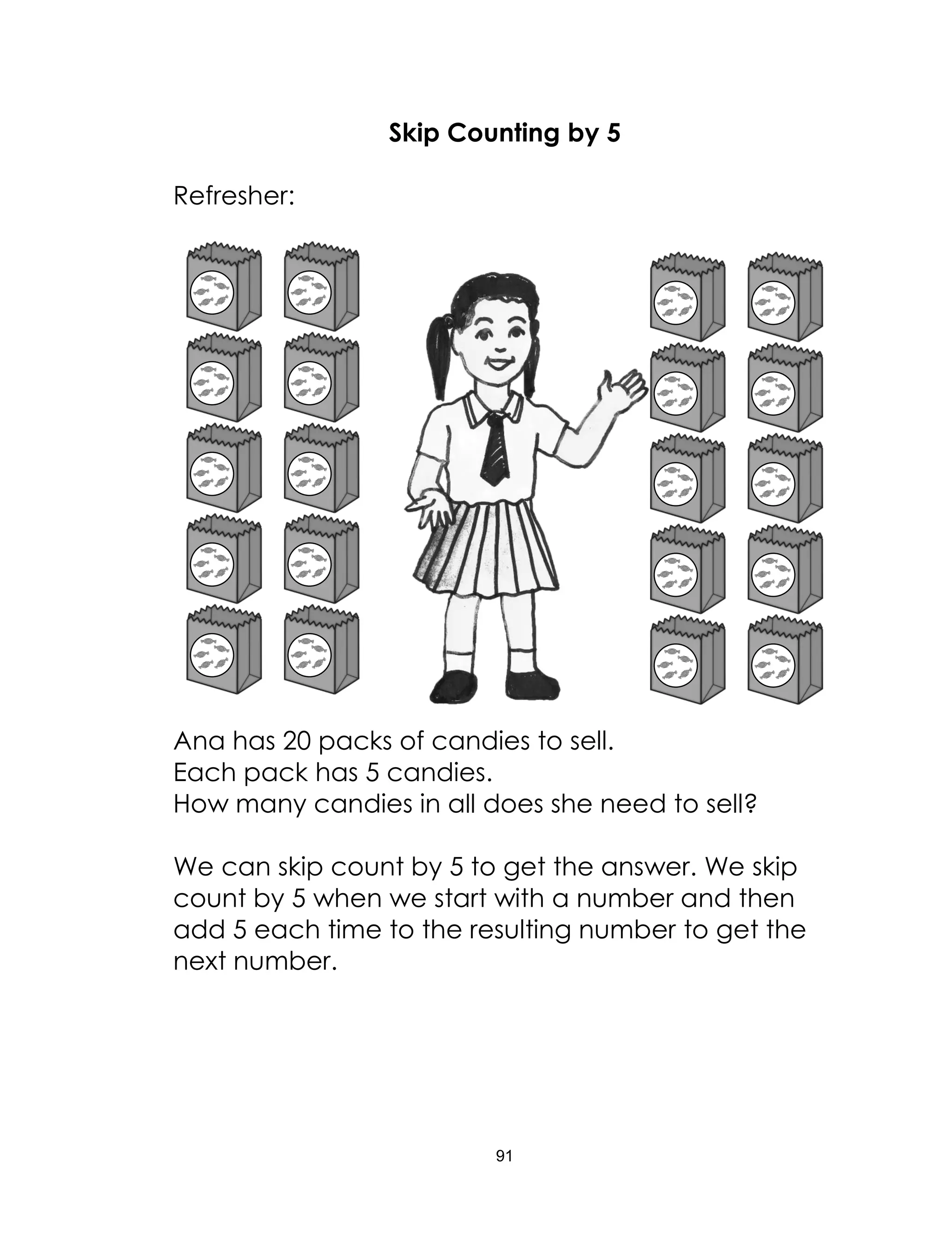 91
Skip Counting by 5
Refresher:
Ana has 20 packs of candies to sell.
Each pack has 5 candies.
How many candies in all does she need to sell?
We can skip count by 5 to get the answer. We skip
count by 5 when we start with a number and then
add 5 each time to the resulting number to get the
next number.
 