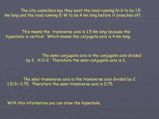The city councilors say they want the road running N-S to be 1.5 km long and the road running E-W to be 4 km long before it branches off. This means the  transverse axis is 1.5 km long because the hyperbola is vertical.  Which means the conjugate axis is 4 km long. The semi-conjugate axis is the conjugate axis divided by 2.  4/2=2.  Therefore the semi-conjugate axis is 2. The semi-transverse axis is the transverse axis divided by 2.  1.5/2= 0.75.  Therefore the semi-transverse axis is 0.75. With this information you can draw the hyperbola. 