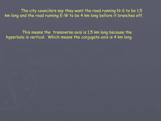 This means the  transverse axis is 1.5 km long because the hyperbola is vertical.  Which means the conjugate axis is 4 km long. The city councilors say they want the road running N-S to be 1.5 km long and the road running E-W to be 4 km long before it branches off. 