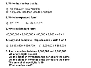 1. Write the number that is: a)  10,000 more than 748,963 b)  1,000,000 less than 699,401,782,000 2. Write in expanded form: a)  928,875  b)  82,010,876 3. Write in standard form: 40,000,000 + 2,000,000 + 400,000 + 2,000 + 40 + 4 4. Copy and complete.  Replace each ? With > or < a)  92,973,590  ?  999,729  b)  2,004,023  ?  385,008 5.  I am a number between 7,000,000 and 9,000,000 All of my digits are odd All the digits in my thousands period are the same All the digits in my units units period are the same. The sum of all my digits is 19. What number am I? 