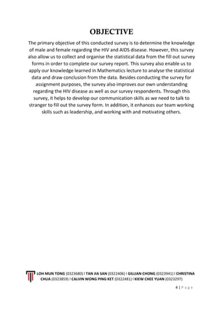LOH MUN TONG (0323680) l TAN JIA SAN (0322406) l GILLIAN CHONG (0323941) l CHRISTINA
CHUA (0323859) l CALVIN WONG PING KET (0322481) l KIEW CHEE YUAN (0323297)
4 | P a g e
OBJECTIVE
The primary objective of this conducted survey is to determine the knowledge
of male and female regarding the HIV and AIDS disease. However, this survey
also allow us to collect and organise the statistical data from the fill out survey
forms in order to complete our survey report. This survey also enable us to
apply our knowledge learned in Mathematics lecture to analyse the statistical
data and draw conclusion from the data. Besides conducting the survey for
assignment purposes, the survey also improves our own understanding
regarding the HIV disease as well as our survey respondents. Through this
survey, it helps to develop our communication skills as we need to talk to
stranger to fill out the survey form. In addition, it enhances our team working
skills such as leadership, and working with and motivating others.
 