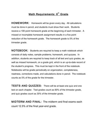 th
                   Math Requirements: 8               Grade


HOMEWORK: Homework will be given every day. All calculations
must be done in pencil, and students must show their work. Students
receive a 100 point homework grade at the beginning of each trimester. A
missed or incomplete homework assignment results in a five point
reduction of the homework grade. The homework grade is 5% of the
trimester grade.


NOTEBOOK: Students are required to keep a math notebook which
consists of daily notes, sample problems, homework, and quizzes. In
addition, students are required to keep track of all test and quiz grades, as
well as missed homework, on a grade grid, which is an up-to-date record of
the student’s progress. This must be kept in the front of the notebook.
Notebooks will be grade periodically on organization, completeness,
neatness, corrections made, and calculations done in pencil. The notebook
counts as 5% of the grade for the trimester.


TESTS AND QUIZZES: There will be at least one quiz and one
test on each chapter. Test grades count as 60% of the trimester grade,
and quiz grades count as 30% of the trimester grade.


MIDTERM AND FINAL: The midterm and final exams each
count 12.5% of the final year-end grade.
 
