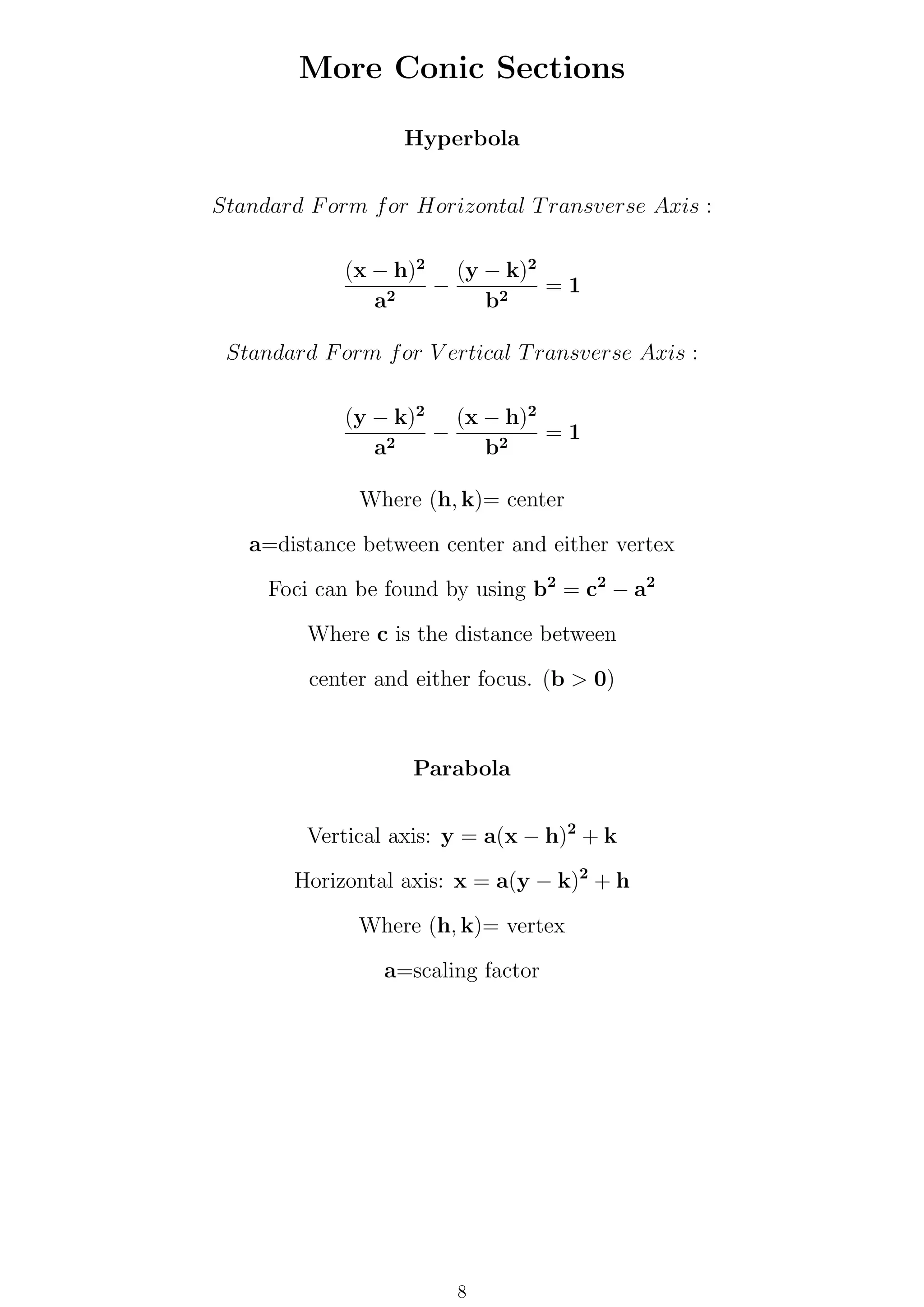 More Conic Sections
Hyperbola
Standard Form for Horizontal Transverse Axis :
(x − h)2
a2
−
(y − k)2
b2
= 1
Standard Form for V ertical Transverse Axis :
(y − k)2
a2
−
(x − h)2
b2
= 1
Where (h, k)= center
a=distance between center and either vertex
Foci can be found by using b2
= c2
− a2
Where c is the distance between
center and either focus. (b > 0)
Parabola
Vertical axis: y = a(x − h)2
+ k
Horizontal axis: x = a(y − k)2
+ h
Where (h, k)= vertex
a=scaling factor
8
 