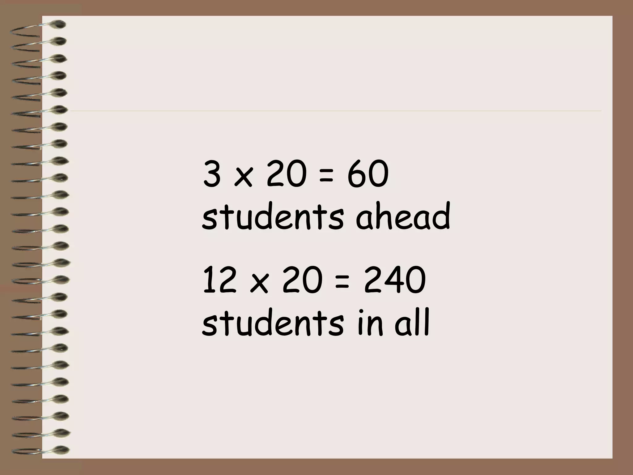 3 x 20 = 60
students ahead
12 x 20 = 240
students in all