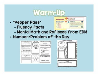 • “Pepper Pass”“Pepper Pass”“Pepper Pass”“Pepper Pass”
– Fluency factsFluency factsFluency factsFluency facts
– Mental Math and Reflexes from EDMMental Math and Reflexes from EDMMental Math and Reflexes from EDMMental Math and Reflexes from EDM
• Number/Problem of the DayNumber/Problem of the DayNumber/Problem of the DayNumber/Problem of the Day
 