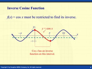 Copyright © by Houghton Mifflin Company, Inc. All rights reserved. 4
Inverse Cosine Function
Cos x has an inverse
function on this interval.
f(x) = cos x must be restricted to find its inverse.
y

 
2

1

1
x
y = cos x
 