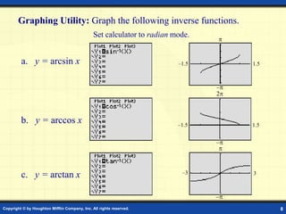 Copyright © by Houghton Mifflin Company, Inc. All rights reserved. 8
Graphing Utility: Graph the following inverse functions.
a. y = arcsin x
b. y = arccos x
c. y = arctan x
–1.5 1.5
–

–1.5 1.5
2
–
–3 3

–
Set calculator to radian mode.
 