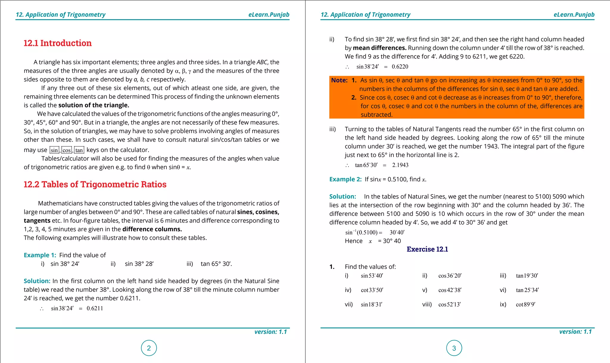 1. Quadratic Equations eLearn.Punjab 1. Quadratic Equations eLearn.Punjab
12. Application of Trigonometry 12. Application of TrigonometryeLearn.Punjab eLearn.Punjab
2
version: 1.1 version: 1.1
3
12.1 Introduction
A triangle has six important elements; three angles and three sides. In a triangle ABC, the
measures of the three angles are usually denoted by a, b, g and the measures of the three
sides opposite to them are denoted by a, b, c respectively.
If any three out of these six elements, out of which atleast one side, are given, the
remaining three elements can be determined This process of inding the unknown elements
is called the solution of the triangle.
We have calculated the values of the trigonometric functions of the angles measuring 0°,
30°, 45°, 60° and 90°. But in a triangle, the angles are not necessarily of these few measures.
So, in the solution of triangles, we may have to solve problems involving angles of measures
other than these. In such cases, we shall have to consult natural sin/cos/tan tables or we
may use sin , cos , tan keys on the calculator.
Tables/calculator will also be used for inding the measures of the angles when value
of trigonometric ratios are given e.g. to ind q when sinq = x.
12.2 Tables of Trigonometric Ratios
Mathematicians have constructed tables giving the values of the trigonometric ratios of
large number of angles between 0° and 90°. These are called tables of natural sines, cosines,
tangents etc. In four-igure tables, the interval is 6 minutes and diference corresponding to
1,2, 3, 4, 5 minutes are given in the diference columns.
The following examples will illustrate how to consult these tables.
Example 1: Find the value of
i) sin 38° 24’ ii) sin 38° 28’ iii) tan 65° 30’.
Solution: In the irst column on the left hand side headed by degrees (in the Natural Sine
table) we read the number 38°. Looking along the row of 38° till the minute column number
24’ is reached, we get the number 0.6211.
sin38 24 0.6211′∴ =
ii) To ind sin 38° 28’, we irst ind sin 38° 24’, and then see the right hand column headed
by mean diferences. Running down the column under 4’ till the row of 38° is reached.
We ind 9 as the diference for 4’. Adding 9 to 6211, we get 6220.
sin38 24 0.6220′∴ =
Note: 1. As sin q, sec q and tan q go on increasing as q increases from 0° to 90°, so the
numbers in the columns of the diferences for sin q, sec q and tan q are added.
2. Since cos q, cosec q and cot q decrease as q increases from 0° to 90°, therefore,
for cos q, cosec q and cot q the numbers in the column of the, diferences are
subtracted.
iii) Turning to the tables of Natural Tangents read the number 65° in the irst column on
the left hand side headed by degrees. Looking along the row of 65° till the minute
column under 30’ is reached, we get the number 1943. The integral part of the igure
just next to 65° in the horizontal line is 2.
tan65 30 2.1943′∴ =
Example 2: If sinx = 0.5100, ind x.
Solution: In the tables of Natural Sines, we get the number (nearest to 5100) 5090 which
lies at the intersection of the row beginning with 30° and the column headed by 36’. The
diference between 5100 and 5090 is 10 which occurs in the row of 30° under the mean
diference column headed by 4’. So, we add 4’ to 30° 36’ and get
1
sin (0.5100) 30 40-
′= 
Hence x = 30° 40
Exercise 12.1
1. Find the values of:
i) sin53 40′
ii) cos36 20′
iii) tan19 30′
iv) cot33 50′
v) cos42 38′
vi) tan25 34′
vii) sin18 31′
viii) cos52 13′
ix) cot89 9′
 