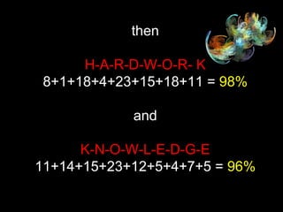 then H-A-R-D-W-O-R- K 8+1+18+4+23+15+18+11 =  98% and K-N-O-W-L-E-D-G-E 11+14+15+23+12+5+4+7+5 =  96% 
