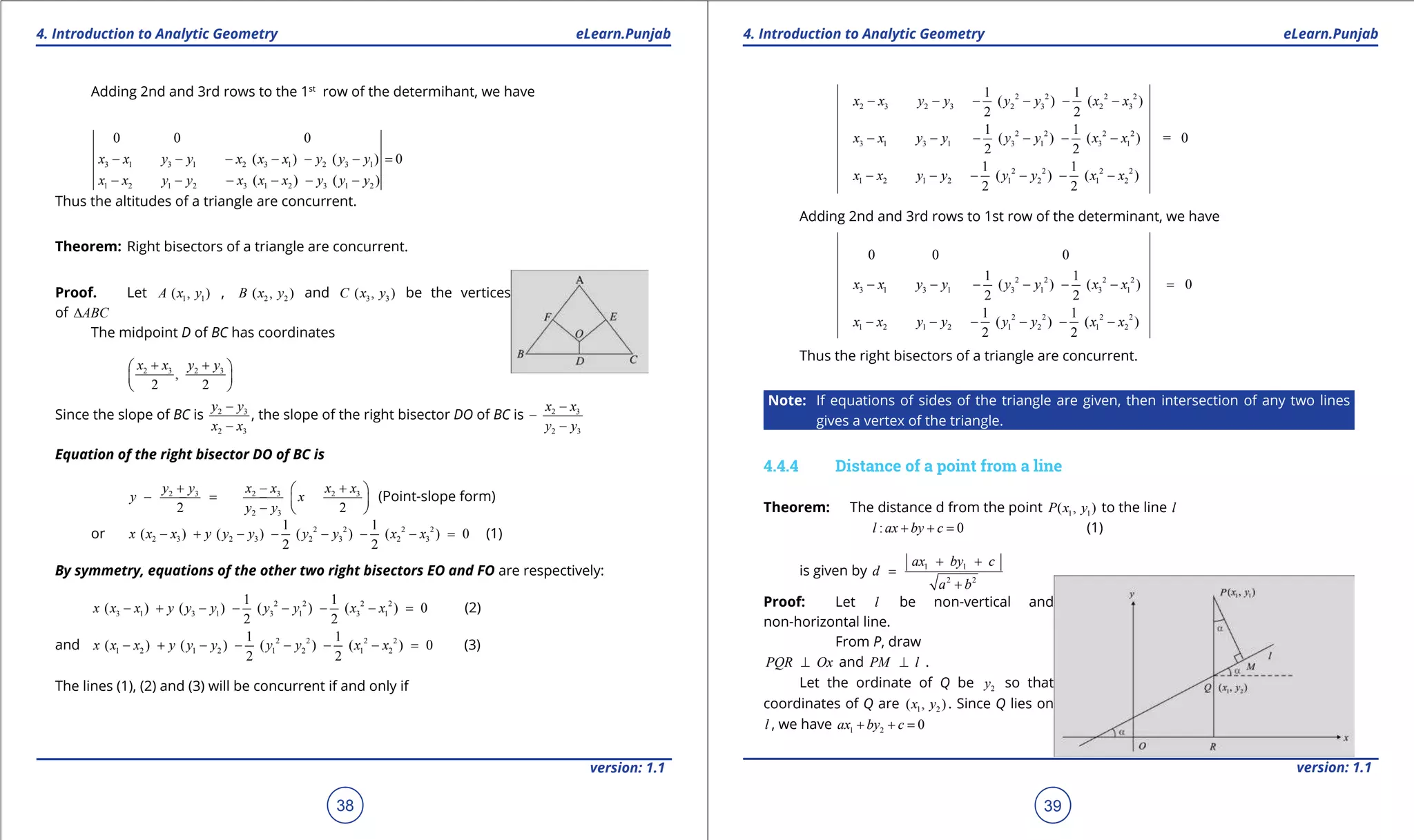 1. Quadratic Equations eLearn.Punjab 1. Quadratic Equations eLearn.Punjab
4. Introduction to Analytic Geometry 4. Introduction to Analytic GeometryeLearn.Punjab eLearn.Punjab
38
version: 1.1 version: 1.1
39
Adding 2nd and 3rd rows to the 1st
row of the determihant, we have
3 1 3 1 2 3 1 2 3 1
1 2 1 2 3 1 2 3 1 2
0 0 0
( ) ( ) 0
( ) ( )
x x y y x x x y y y
x x y y x x x y y y
- - - - - - =
- - - - - -
Thus the altitudes of a triangle are concurrent.
Theorem: Right bisectors of a triangle are concurrent.
Proof. Let 1 1( , )A x y , 2 2( , )B x y and 3 3( , )C x y be the vertices
of ABC∆
The midpoint D of BC has coordinates
2 3 2 3
,
2 2
x x y y+ + 
 
 
Since the slope of BC is 2 3
2 3
y y
x x
-
-
, the slope of the right bisector DO of BC is 2 3
2 3
x x
y y
-
-
-
Equation of the right bisector DO of BC is
2 3 2 3 2 3
2 32 2
y y x x x x
y x
y y
+ - + 
- =- -  
-  
(Point-slope form)
or 2 2 2 2
2 3 2 3 2 3 2 3
1 1
( ) ( ) ( ) ( ) 0
2 2
x x x y y y y y x x- + - - - - - = (1)
By symmetry, equations of the other two right bisectors EO and FO are respectively:
2 2 2 2
3 1 3 1 3 1 3 1
1 1
( ) ( ) ( ) ( ) 0
2 2
x x x y y y y y x x- + - - - - - = (2)
and 2 2 2 2
1 2 1 2 1 2 1 2
1 1
( ) ( ) ( ) ( ) 0
2 2
x x x y y y y y x x- + - - - - - = (3)
The lines (1), (2) and (3) will be concurrent if and only if
2 2 2 2
2 3 2 3 2 3 2 3
2 2 2 2
3 1 3 1 3 1 3 1
2 2 2 2
1 2 1 2 1 2 1 2
1 1
( ) ( )
2 2
1 1
( ) ( ) = 0
2 2
1 1
( ) ( )
2 2
x x y y y y x x
x x y y y y x x
x x y y y y x x
- - - - - -
- - - - - -
- - - - - -
Adding 2nd and 3rd rows to 1st row of the determinant, we have
2 2 2 2
3 1 3 1 3 1 3 1
2 2 2 2
1 2 1 2 1 2 1 2
0 0 0
1 1
( ) ( ) 0
2 2
1 1
( ) ( )
2 2
x x y y y y x x
x x y y y y x x
- - - - - - =
- - - - - -
Thus the right bisectors of a triangle are concurrent.
Note: If equations of sides of the triangle are given, then intersection of any two lines
gives a vertex of the triangle.
4.4.4 Distance of a point from a line
Theorem: The distance d from the point 1 1( , )P x y to the line l
: 0l ax by c+ + = (1)
is given by 1 1
2 2
ax by c
d
a b
+ +
=
+
Proof: Let l be non-vertical and
non-horizontal line.
From P, draw
PQR Ox⊥ and PM l⊥ .
Let the ordinate of Q be 2y so that
coordinates of Q are 1 2( , )x y . Since Q lies on
l , we have 1 2 0ax by c+ + =
 