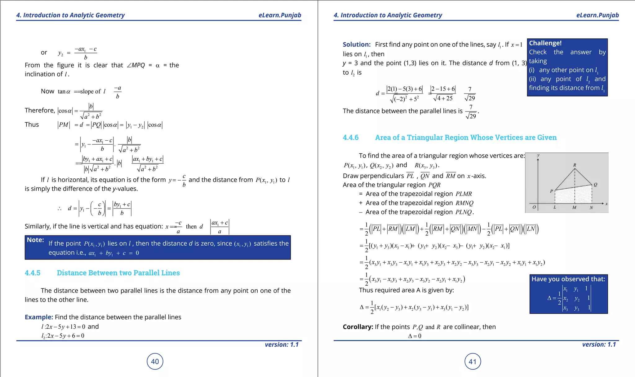 1. Quadratic Equations eLearn.Punjab 1. Quadratic Equations eLearn.Punjab
4. Introduction to Analytic Geometry 4. Introduction to Analytic GeometryeLearn.Punjab eLearn.Punjab
40
version: 1.1 version: 1.1
41
or 1
2
ax c
y
b
- -
=
From the igure it is clear that ∠MPQ = a = the
inclination of l .
Now tan slope of
a
l
b
a
-
==
Therefore,
2 2
cos
b
a b
a =
+
Thus 1 2cos cosPM d PQ y ya a= = = -
1
1 2 2
.
bax c
y
b a b
- -
= -
+
1 1 1 1
2 2 2 2
.
by ax c ax by c
b
b a b a b
+ + + +
==
+ +
If l is horizontal, its equation is of the form
c
y
b
= - and the distance from 1 1( , )P x y to l
is simply the diference of the y-values.
1
1
c by c
d y
b b
+ 
∴ = - - = 
 
Similarly, if the line is vertical and has equation: 1
then
c ax c
x d
a a
- +
==
Note:
If the point 1 1( , )P x y lies on l , then the distance d is zero, since 1 1( , )P x y satisies the
equation i.e., 1 1 0ax by c+ + =
4.4.5 Distance Between two Parallel Lines
The distance between two parallel lines is the distance from any point on one of the
lines to the other line.
Example: Find the distance between the parallel lines
:2 5 13 0l x y- + =and
2:2 5 6 0l x y- + =
Solution: First ind any point on one of the lines, say 1l . If 1x =
lies on 1l , then
y = 3 and the point (1,3) lies on it. The distance d from (1, 3)
to 2l is
2 2
2(1) 5(3) 6 2 15 6 7
4 25 29( 2) 5
d
- + - +
== =
+- +
The distance between the parallel lines is
7
29
.
4.4.6 Area of a Triangular Region Whose Vertices are Given
To ind the area of a triangular region whose vertices are:
1 1( , )P x y , 2 2( , )Q x y and 3 3( , )R x y .
Draw perpendiculars PL , QN and RM on x -axis.
Area of the triangular region PQR
= Area of the trapezoidal region PLMR
+ Area of the trapezoidal region RMNQ
- Area of the trapezoidal region PLNQ.
( )( ) ( )( ) ( )( )1 1 1
2 2 2
PL RM LM RM QN MN PL QN LN= + + + - +
1 3 3 1 3 2 2 3 1 2 2 1
1
[( )( ) ( )( ) ( )( )]
2
y y x x y y x x y y x x= + - + + - - + -
3 1 3 3 1 1 1 3 2 3 2 2 3 3 2 1 2 2 1 1 1 2
1
( )
2
x y x y x y x y x y x y x y x y x y x y x y= + - + + + - - - + +
( )3 1 1 3 2 3 3 2 2 1 1 2
1
2
x y x y x y x y x y x y= - + - - +
Thus required area A is given by:
1 2 3 2 3 1 3 1 2
1
[ ( ) ( ) ( )]
2
x y y x y y x y y∆= - + - + -
Corollary: If the points andP,Q R are collinear, then
0∆ =
Challenge!
Check the answer by
taking
(i) any other point on l1
(ii) any point of l2
and
inding its distance from l1
Have you observed that:
1 1
2 2
3 3
1
1
1
2
1
x y
x y
x y
∆ =
 