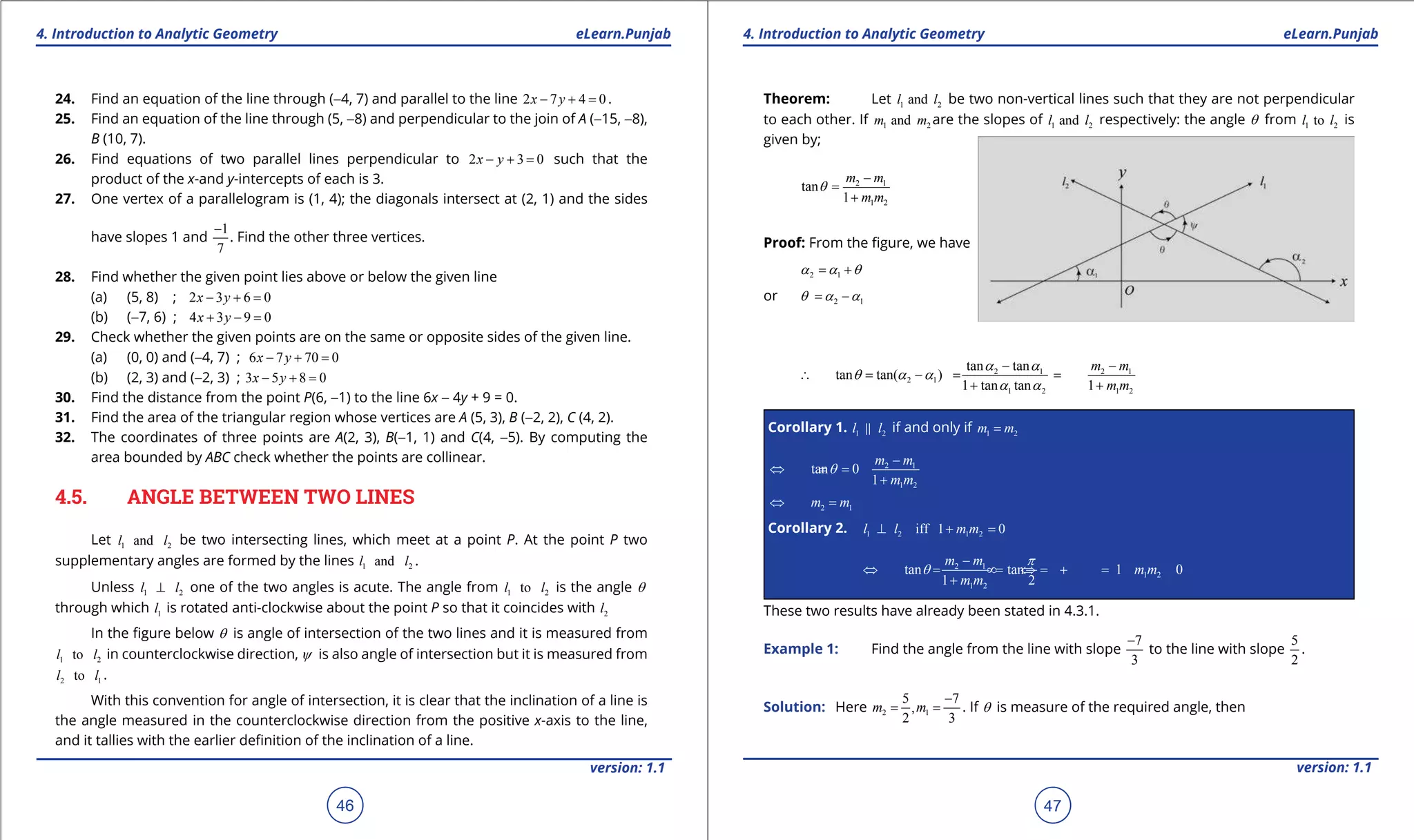 1. Quadratic Equations eLearn.Punjab 1. Quadratic Equations eLearn.Punjab
4. Introduction to Analytic Geometry 4. Introduction to Analytic GeometryeLearn.Punjab eLearn.Punjab
46
version: 1.1 version: 1.1
47
24. Find an equation of the line through (-4, 7) and parallel to the line 2 7 4 0x y- + =.
25. Find an equation of the line through (5, -8) and perpendicular to the join of A (-15, -8),
B (10, 7).
26. Find equations of two parallel lines perpendicular to 2 3 0x y- + = such that the
product of the x-and y-intercepts of each is 3.
27. One vertex of a parallelogram is (1, 4); the diagonals intersect at (2, 1) and the sides
have slopes 1 and
1
7
-
. Find the other three vertices.
28. Find whether the given point lies above or below the given line
(a) (5, 8) ; 2 3 6 0x y- + =
(b) (-7, 6) ; 4 3 9 0x y+ - =
29. Check whether the given points are on the same or opposite sides of the given line.
(a) (0, 0) and (-4, 7) ; 6 7 70 0x y- + =
(b) (2, 3) and (-2, 3) ; 3 5 8 0x y- + =
30. Find the distance from the point P(6, -1) to the line 6x - 4y + 9 = 0.
31. Find the area of the triangular region whose vertices are A (5, 3), B (-2, 2), C (4, 2).
32. The coordinates of three points are A(2, 3), B(-1, 1) and C(4, -5). By computing the
area bounded by ABC check whether the points are collinear.
4.5. ANGLE BETWEEN TWO LINES
Let 1 2andl l be two intersecting lines, which meet at a point P. At the point P two
supplementary angles are formed by the lines 1 2andl l .
Unless 1 2l l⊥ one of the two angles is acute. The angle from 1 2tol l is the angle q
through which 1l is rotated anti-clockwise about the point P so that it coincides with 2l
In the igure below q is angle of intersection of the two lines and it is measured from
1 2tol l in counterclockwise direction, ψ is also angle of intersection but it is measured from
2 1tol l .
With this convention for angle of intersection, it is clear that the inclination of a line is
the angle measured in the counterclockwise direction from the positive x-axis to the line,
and it tallies with the earlier deinition of the inclination of a line.
Theorem: Let 1 2andl l be two non-vertical lines such that they are not perpendicular
to each other. If 1 2andm m are the slopes of 1 2andl l respectively: the angle q from 1 2tol l is
given by;
2 1
1 2
tan
1
m m
m m
q
-
=
+
Proof: From the igure, we have
2 1a a q= +
or 2 1q a a= -
2 1 2 1
2 1
1 2 1 2
tan tan
tan tan( )
1 tan tan 1
m m
m m
a a
q a a
a a
- -
∴ = - = =
+ +
Corollary 1. 1 2l l if and only if 1 2m m=
2 1
1 2
tan 0
1
m m
m m
q
-
⇔ ==
+
2 1m m⇔ =
Corollary 2. 1 2 1 2iff 1 0l l m m⊥ + =
2 1
1 2
1 2
tan tan 1 0
1 2
m m
m m
m m
p
q
-
⇔ = = =∞ ⇔ + =
+
These two results have already been stated in 4.3.1.
Example 1: Find the angle from the line with slope
7
3
-
to the line with slope
5
2
.
Solution: Here 2 1
5 7
,
2 3
m m
-
= = . If q is measure of the required angle, then
 
