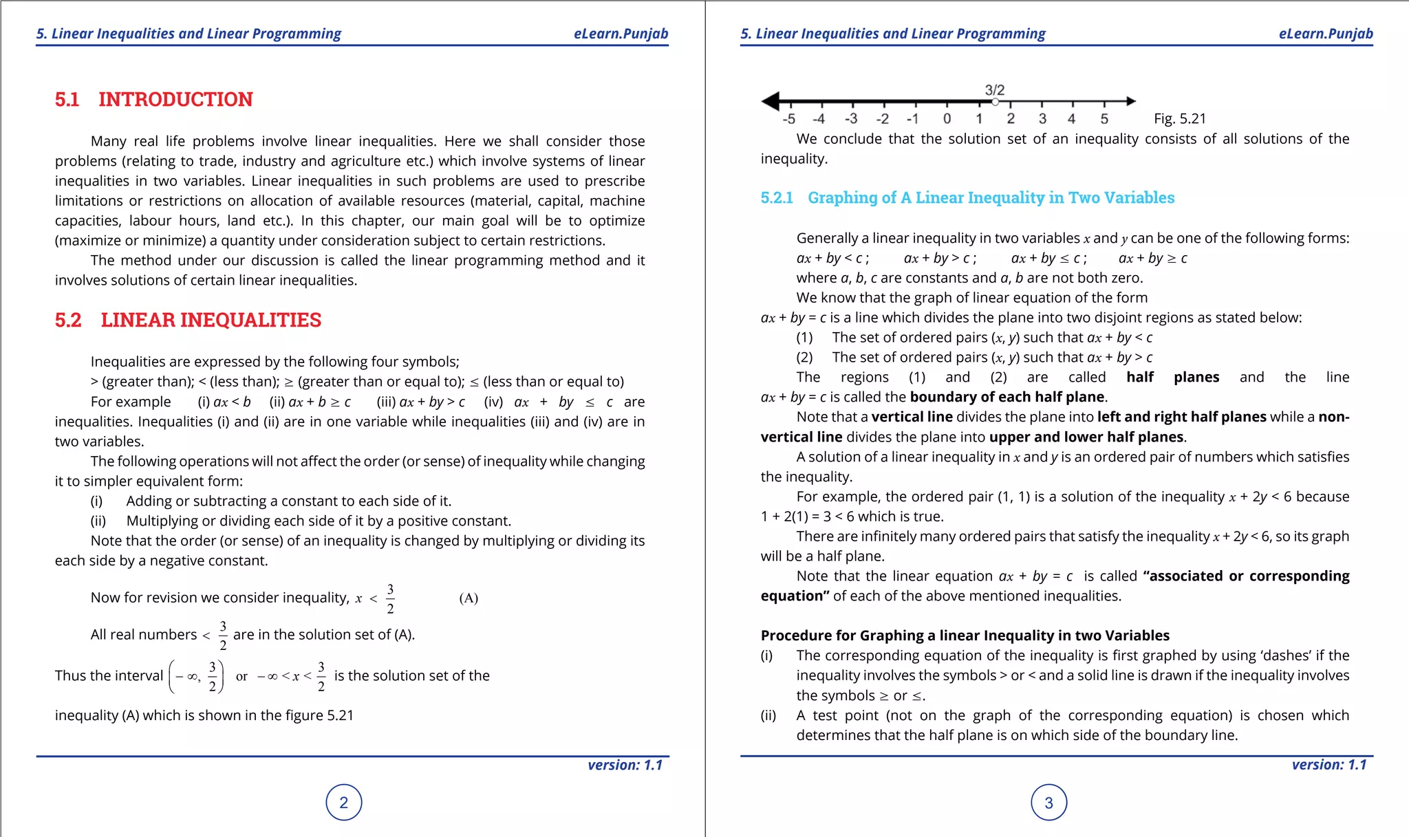 1. Quadratic Equations eLearn.Punjab 1. Quadratic Equations eLearn.Punjab
5. Linear Inequalities and Linear Programming 5. Linear Inequalities and Linear ProgrammingeLearn.Punjab eLearn.Punjab
2
version: 1.1 version: 1.1
3
5.1 INTRODUCTION
Many real life problems involve linear inequalities. Here we shall consider those
problems (relating to trade, industry and agriculture etc.) which involve systems of linear
inequalities in two variables. Linear inequalities in such problems are used to prescribe
limitations or restrictions on allocation of available resources (material, capital, machine
capacities, labour hours, land etc.). In this chapter, our main goal will be to optimize
(maximize or minimize) a quantity under consideration subject to certain restrictions.
The method under our discussion is called the linear programming method and it
involves solutions of certain linear inequalities.
5.2 LINEAR INEQUALITIES
Inequalities are expressed by the following four symbols;
> (greater than); < (less than); 8 (greater than or equal to); 7 (less than or equal to)
For example (i) ax < b (ii) ax + b 8 c (iii) ax + by > c (iv) ax + by 7 c are
inequalities. Inequalities (i) and (ii) are in one variable while inequalities (iii) and (iv) are in
two variables.
The following operations will not afect the order (or sense) of inequality while changing
it to simpler equivalent form:
(i) Adding or subtracting a constant to each side of it.
(ii) Multiplying or dividing each side of it by a positive constant.
Note that the order (or sense) of an inequality is changed by multiplying or dividing its
each side by a negative constant.
Now for revision we consider inequality,
3
(A)
2
x <
All real numbers
3
2
< are in the solution set of (A).
Thus the interval
3 3
, or < <
2 2
x
 
- ∞ - ∞ 
 
is the solution set of the
inequality (A) which is shown in the igure 5.21
Fig. 5.21
We conclude that the solution set of an inequality consists of all solutions of the
inequality.
5.2.1 Graphing of A Linear Inequality in Two Variables
Generally a linear inequality in two variables x and y can be one of the following forms:
ax + by < c ; ax + by > c ; ax + by 7 c ; ax + by 8 c
where a, b, c are constants and a, b are not both zero.
We know that the graph of linear equation of the form
ax + by = c is a line which divides the plane into two disjoint regions as stated below:
(1) The set of ordered pairs (x, y) such that ax + by < c
(2) The set of ordered pairs (x, y) such that ax + by > c
The regions (1) and (2) are called half planes and the line
ax + by = c is called the boundary of each half plane.
Note that a vertical line divides the plane into left and right half planes while a non-
vertical line divides the plane into upper and lower half planes.
A solution of a linear inequality in x and y is an ordered pair of numbers which satisies
the inequality.
For example, the ordered pair (1, 1) is a solution of the inequality x + 2y < 6 because
1 + 2(1) = 3 < 6 which is true.
There are ininitely many ordered pairs that satisfy the inequality x + 2y < 6, so its graph
will be a half plane.
Note that the linear equation ax + by = c is called “associated or corresponding
equation” of each of the above mentioned inequalities.
Procedure for Graphing a linear Inequality in two Variables
(i) The corresponding equation of the inequality is irst graphed by using ‘dashes’ if the
inequality involves the symbols > or < and a solid line is drawn if the inequality involves
the symbols 8 or 7.
(ii) A test point (not on the graph of the corresponding equation) is chosen which
determines that the half plane is on which side of the boundary line.
 