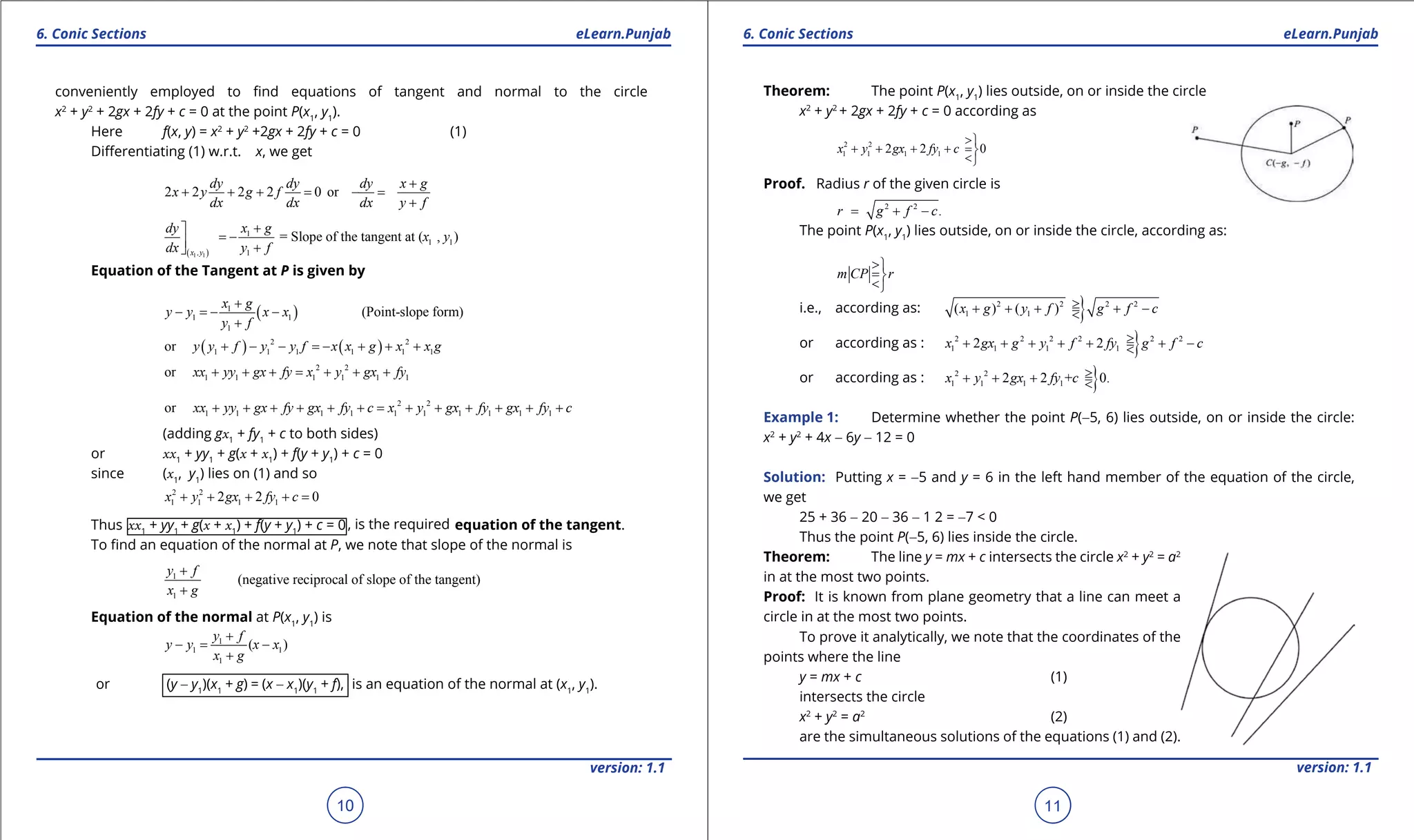 1. Quadratic Equations eLearn.Punjab 1. Quadratic Equations eLearn.Punjab
6. Conic Sections 6. Conic SectionseLearn.Punjab eLearn.Punjab
10
version: 1.1 version: 1.1
11
conveniently employed to ind equations of tangent and normal to the circle
x2
+ y2
+ 2gx + 2fy + c = 0 at the point P(x1
, y1
).
Here f(x, y) = x2
+ y2
+2gx + 2fy + c = 0 (1)
Diferentiating (1) w.r.t. x, we get
2 2 2 2 0 or
dy dy dy x g
x y g f
dx dx dx y f
+
+ + + = =-
+
( )1 1
1
1 1
1
= Slope of the tangent at ( , )
x ,y
dy x g
x y
dx y f
+
= - +
Equation of the Tangent at P is given by
( )1
1 1
1
(Point-slope form)
x g
y y x x
y f
+
- =- -
+
( ) ( )2 2
1 1 1 1 1 1or y y f y y f x x g x x g+ - - =- + + +
2 2
1 1 1 1 1 1or xx yy gx fy x y gx fy+ + + = + + +
2 2
1 1 1 1 1 1 1 1 1 1or xx yy gx fy gx fy c x y gx fy gx fy c+ + + + + + = + + + + + +
(adding gx1
+ fy1
+ c to both sides)
or xx1
+ yy1
+ g(x + x1
) + f(y + y1
) + c = 0
since (x1
, y1
) lies on (1) and so
2 2
1 1 1 12 2 0x y gx fy c+ + + + =
Thus xx1
+ yy1
+ g(x + x1
) + f(y + y1
) + c = 0, is the required equation of the tangent.
To ind an equation of the normal at P, we note that slope of the normal is
1
1
(negative reciprocal of slope of the tangent)
y f
x g
+
+
Equation of the normal at P(x1
, y1
) is
1
1 1
1
( )
y f
y y x x
x g
+
-= -
+
or (y - y1
)(x1
+ g) = (x - x1
)(y1
+ f), is an equation of the normal at (x1
, y1
).
Theorem: The point P(x1
, y1
) lies outside, on or inside the circle
x2
+ y2
+ 2gx + 2fy + c = 0 according as
2 2
1 1 1 12 2 0x y gx fy c
>
+ + + + =
<
Proof. Radius r of the given circle is
2 2
.r g f c= + -
The point P(x1
, y1
) lies outside, on or inside the circle, according as:
m CP r
>
=
<
i.e., according as: }2 2 2 2
1 1( ) ( )x g y f g f c>+ + + = + -<
or according as : }2 2 2 2 2 2
1 1 1 12 2x gx g y f fy g f c>+ + + + + = + -<
or according as : }2 2
1 1 1 12 2 + 0.x y gx fy c >+ + + =<
Example 1: Determine whether the point P(-5, 6) lies outside, on or inside the circle:
x2
+ y2
+ 4x - 6y - 12 = 0
Solution: Putting x = -5 and y = 6 in the left hand member of the equation of the circle,
we get
25 + 36 - 20 - 36 - 1 2 = -7 < 0
Thus the point P(-5, 6) lies inside the circle.
Theorem: The line y = mx + c intersects the circle x2
+ y2
= a2
in at the most two points.
Proof: It is known from plane geometry that a line can meet a
circle in at the most two points.
To prove it analytically, we note that the coordinates of the
points where the line
y = mx + c (1)
intersects the circle
x2
+ y2
= a2
(2)
are the simultaneous solutions of the equations (1) and (2).
 