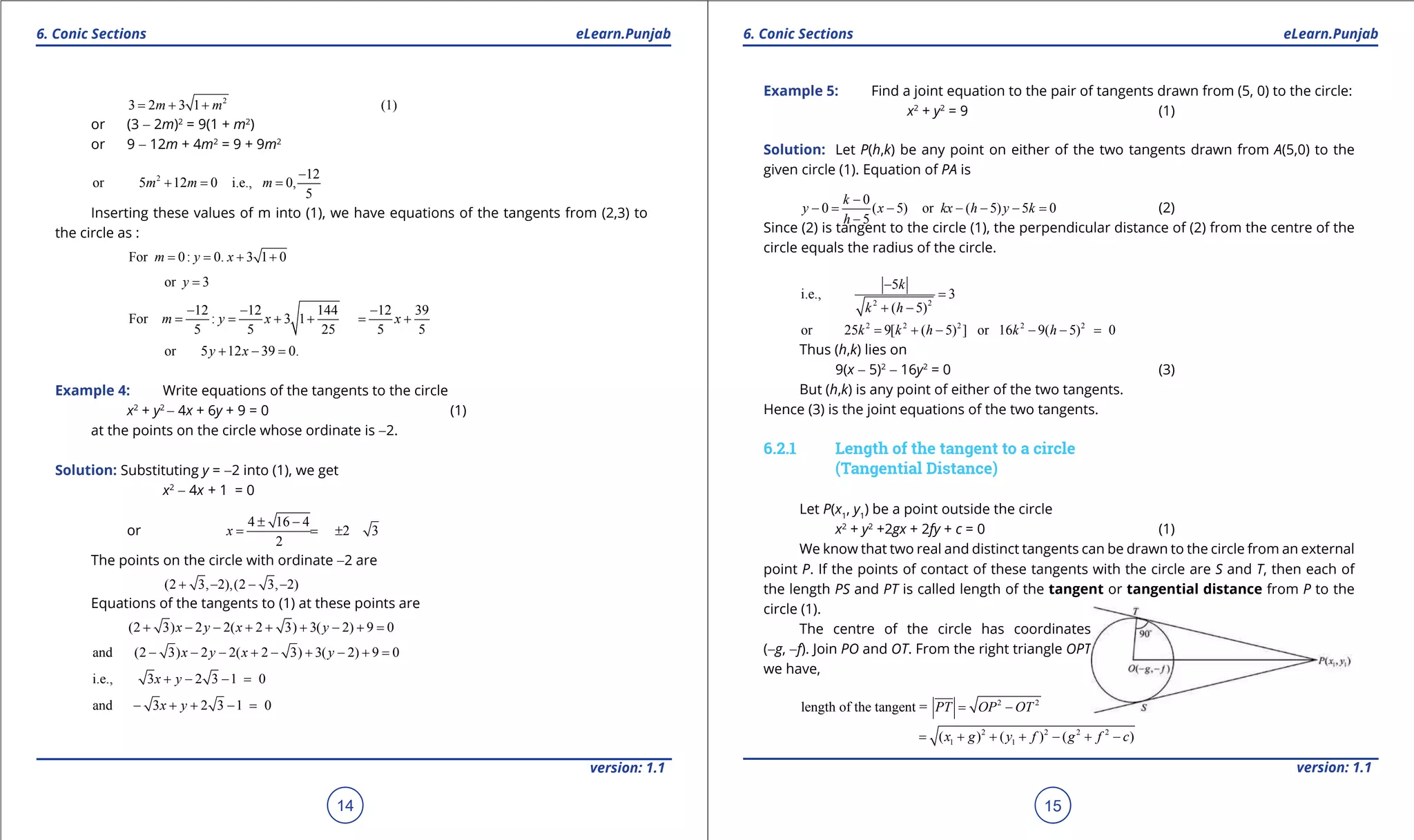 1. Quadratic Equations eLearn.Punjab 1. Quadratic Equations eLearn.Punjab
6. Conic Sections 6. Conic SectionseLearn.Punjab eLearn.Punjab
14
version: 1.1 version: 1.1
15
2
3 2 3 1 (1)m m= + +
or (3 - 2m)2
= 9(1 + m2
)
or 9 - 12m + 4m2
= 9 + 9m2
2 12
or 5 12 0 i.e., 0,
5
m m m
-
+= =
Inserting these values of m into (1), we have equations of the tangents from (2,3) to
the circle as :
For 0: 0. 3 1 0m y x= = + +
or 3y =
12 12 144 12 39
For : 3 1
5 5 25 5 5
m y x x
- - -
= = + + = +
or 5 12 39 0.y x+ - =
Example 4: Write equations of the tangents to the circle
x2
+ y2
- 4x + 6y + 9 = 0 (1)
at the points on the circle whose ordinate is -2.
Solution: Substituting y = -2 into (1), we get
x2
- 4x + 1 = 0
or
4 16 4
2 3
2
x
± -
= = ±
The points on the circle with ordinate -2 are
(2 3, 2),(2 3, 2)+ - - -
Equations of the tangents to (1) at these points are
(2 3) 2 2( 2 3) 3( 2) 9 0x y x y+ - - + + + - + =
and (2 3) 2 2( 2 3) 3( 2) 9 0x y x y- - - + - + - + =
i.e., 3 2 3 1 0x y+ - - =
and 3 2 3 1 0x y- + + - =
Example 5: Find a joint equation to the pair of tangents drawn from (5, 0) to the circle:
x2
+ y2
= 9 (1)
Solution: Let P(h,k) be any point on either of the two tangents drawn from A(5,0) to the
given circle (1). Equation of PA is
0
0 ( 5) or ( 5) 5 0
5
k
y x kx h y k
h
-
-= - - - -=
-
(2)
Since (2) is tangent to the circle (1), the perpendicular distance of (2) from the centre of the
circle equals the radius of the circle.
2 2
5
i.e., 3
( 5)
k
k h
-
=
+ -
2 2 2 2 2
or 25 9[ ( 5) ] or 16 9( 5) 0k k h k h= + - - - =
Thus (h,k) lies on
9(x - 5)2
- 16y2
= 0 (3)
But (h,k) is any point of either of the two tangents.
Hence (3) is the joint equations of the two tangents.
6.2.1 Length of the tangent to a circle
(Tangential Distance)
Let P(x1
, y1
) be a point outside the circle
x2
+ y2
+2gx + 2fy + c = 0 (1)
We know that two real and distinct tangents can be drawn to the circle from an external
point P. If the points of contact of these tangents with the circle are S and T, then each of
the length PS and PT is called length of the tangent or tangential distance from P to the
circle (1).
The centre of the circle has coordinates
(-g, -f). Join PO and OT. From the right triangle OPT
we have,
2 2
length of the tangent = PT OP OT= -
2 2 2 2
1 1( ) ( ) ( )x g y f g f c= + + + - + -
 