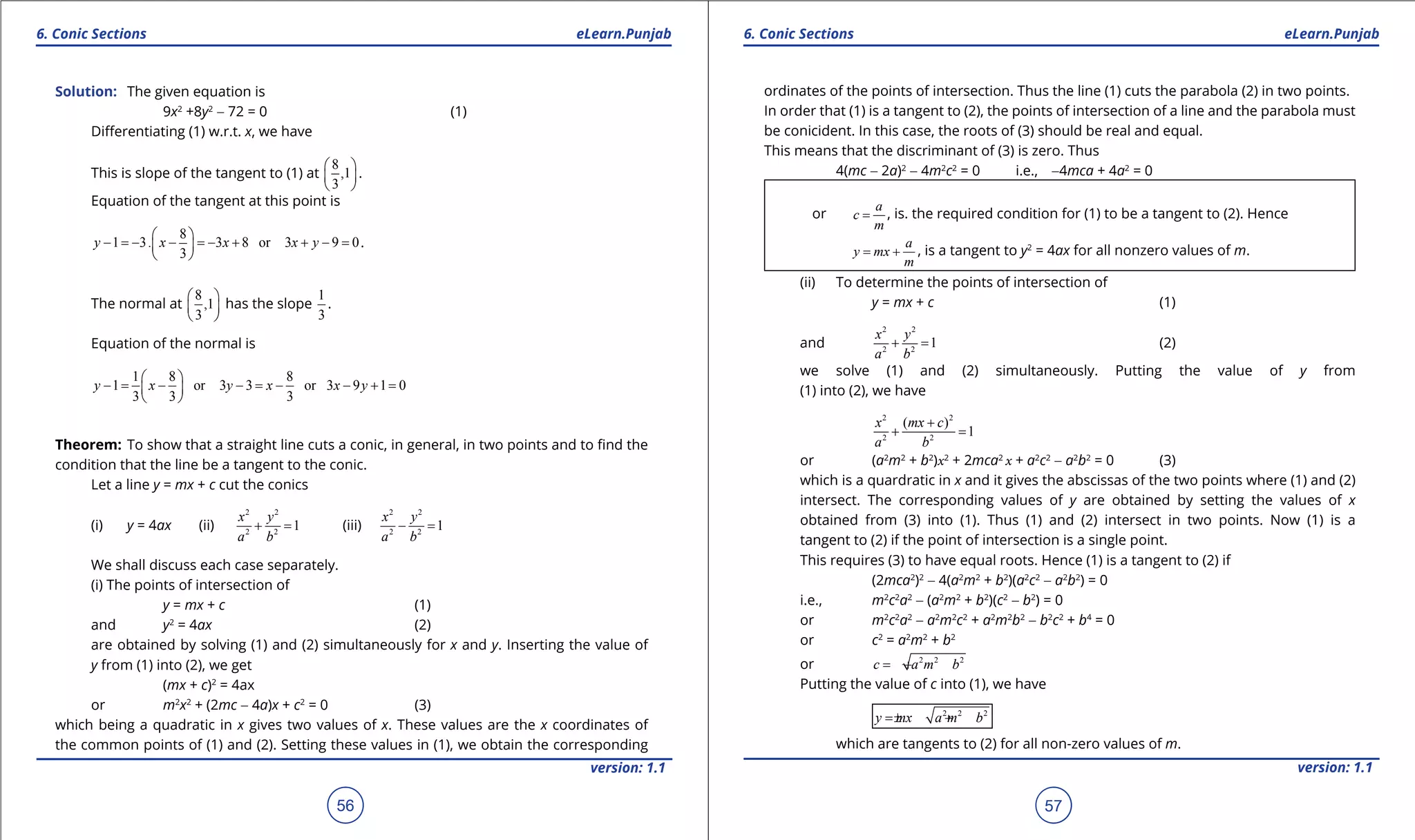 1. Quadratic Equations eLearn.Punjab 1. Quadratic Equations eLearn.Punjab
6. Conic Sections 6. Conic SectionseLearn.Punjab eLearn.Punjab
56
version: 1.1 version: 1.1
57
Solution: The given equation is
9x2
+8y2
- 72 = 0 (1)
Diferentiating (1) w.r.t. x, we have
This is slope of the tangent to (1) at
8
,1
3
 
 
 
.
Equation of the tangent at this point is
8
1 3. 3 8 or 3 9 0
3
y x x x y
 
- =- - =- + + - = 
 
.
The normal at
8
,1
3
 
 
 
has the slope
1
3
.
Equation of the normal is
1 8 8
1 or 3 3 or 3 9 1 0
3 3 3
y x y x x y
 
- = - - = - - + = 
 
Theorem: To show that a straight line cuts a conic, in general, in two points and to ind the
condition that the line be a tangent to the conic.
Let a line y = mx + c cut the conics
(i) y = 4ax (ii)
2 2
2 2
1
x y
a b
+ = (iii)
2 2
2 2
1
x y
a b
- =
We shall discuss each case separately.
(i) The points of intersection of
y = mx + c (1)
and y2
= 4ax (2)
are obtained by solving (1) and (2) simultaneously for x and y. Inserting the value of
y from (1) into (2), we get
(mx + c)2
= 4ax
or m2
x2
+ (2mc - 4a)x + c2
= 0 (3)
which being a quadratic in x gives two values of x. These values are the x coordinates of
the common points of (1) and (2). Setting these values in (1), we obtain the corresponding
ordinates of the points of intersection. Thus the line (1) cuts the parabola (2) in two points.
In order that (1) is a tangent to (2), the points of intersection of a line and the parabola must
be conicident. In this case, the roots of (3) should be real and equal.
This means that the discriminant of (3) is zero. Thus
4(mc - 2a)2
- 4m2
c2
= 0 i.e., -4mca + 4a2
= 0
or
a
c
m
= , is. the required condition for (1) to be a tangent to (2). Hence
a
y mx
m
= + , is a tangent to y2
= 4ax for all nonzero values of m.
(ii) To determine the points of intersection of
y = mx + c (1)
and
2 2
2 2
1
x y
a b
+ = (2)
we solve (1) and (2) simultaneously. Putting the value of y from
(1) into (2), we have
2 2
2 2
( )
1
x mx c
a b
+
+ =
or (a2
m2
+ b2
)x2
+ 2mca2
x + a2
c2
- a2
b2
= 0 (3)
which is a quardratic in x and it gives the abscissas of the two points where (1) and (2)
intersect. The corresponding values of y are obtained by setting the values of x
obtained from (3) into (1). Thus (1) and (2) intersect in two points. Now (1) is a
tangent to (2) if the point of intersection is a single point.
This requires (3) to have equal roots. Hence (1) is a tangent to (2) if
(2mca2
)2
- 4(a2
m2
+ b2
)(a2
c2
- a2
b2
) = 0
i.e., m2
c2
a2
- (a2
m2
+ b2
)(c2
- b2
) = 0
or m2
c2
a2
- a2
m2
c2
+ a2
m2
b2
- b2
c2
+ b4
= 0
or c2
= a2
m2
+ b2
or 2 2 2
c a m b=± +
Putting the value of c into (1), we have
2 2 2
y mx a m b=± +
which are tangents to (2) for all non-zero values of m.
 
