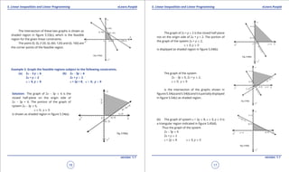 1. Quadratic Equations eLearn.Punjab 1. Quadratic Equations eLearn.Punjab
5. Linear Inequalities and Linear Programming 5. Linear Inequalities and Linear ProgrammingeLearn.Punjab eLearn.Punjab
16
version: 1.1 version: 1.1
17
The intersection of these two graphs is shown as
shaded region in igure 5.53(c), which is the feasible
region for the given linear constraints.
The point (0, 0), (120, 0), (60, 120) and (0, 160) are
the corner points of the feasible region.
Example 3. Graph the feasible regions subject to the following constraints.
(a) 2x - 3 y 7 6 (b) 2x - 3y 7 6
2x + y 8 2 2x + y 8 2
x 8 0, y 8 0 x + 2y < 8, x 8 0, y 8 0
Solution: The graph of 2x - 3y 7 6 is the
closed half-plane on the origin side of
2x - 3y = 6. The portion of the graph of
system 2x - 3y 7 6,
x 8 0, y 8 0
is shown as shaded region in igure 5.54(a).
The graph of 2x + y 8 2 is the closed half-plane
not on the origin side of 2x + y = 2. The portion of
the graph of the system 2x + y 8 2,
x 8 0, y 8 0
is displayed as shaded region in igure 5.54(b).
The graph of the system
2x - 3y 7 6, 2x + y 7 2,
x 8 0, y 8 0
is the intersection of the graphs shown in
igures5.54(a)and5.54(b)anditispartiallydisplayed
in igure 5.54(c) as shaded region.
(b) The graph of system x + 2y 7 8, x 8 0, y 8 0 is
a triangular region indicated in igure 5.45(d).
Thus the graph of the system
2x - 3y 7 6
2x + y 8 2
x + 2y 7 8 x 8 0, y 8 0
 