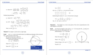 1. Quadratic Equations eLearn.Punjab 1. Quadratic Equations eLearn.Punjab
6. Conic Sections 6. Conic SectionseLearn.Punjab eLearn.Punjab
24
version: 1.1 version: 1.1
25
( )
1 1
1
1
1 11
2cos sin(sin sin ) 2 2slope of
cos cos 2sin sin
2 2
a
m AP
a
q q q q
q q
q q q qq q
+ -
-
===
+ -- -
1 1
cot tan
2 2 2
q q p q q+ +   
= - =+   
   
Similarly, (by symmetry)
2
2 slope of tan
2 2
m BP
p q q+ 
== +  
 
2 1
2 1
1 21 2
tan tan
2 2 2 2
tan
1
1 tan .tan
2 2 2 2
m m
APB
m m
p q q p q q
p q q p q q
+ +   
+ - +   -    ∠ = =
+ ++    
+ + +   
   
2 1 2 1
tan tan
2 2 2 2 2
p q q p q q q q+ + -   
= + - - =   
   
2 1
1
Hence ( )
2
m APB q q∠ = -
Theorem 7: An angle in a semi-circle is a right angle.
Proof: Let x2
+ y2
= a2
be a circle, with centre O. Let AOB be any diameter of the circle and
P(x2
, y2
) be any point on the circle.
We have to show that m∠APB= 900
.
Suppose the coordinates of A are (x1
, y1
).
Then B has coordinates
(-x1
, -y1
). (Theorem 1)
1 2
1
1 2
Slope of , say
y y
AP m
x x
-
= =
-
1 2
2
1 2
Slope of , say
y y
BP m
x x
+
= =
+
2 2
1 2
1 2 2 2
1 2
y y
m m
x x
-
=
- (1)
1 1 2 2Since ( , ) and ( , ) lie on the circle, we haveA x y P x y
2 2 2 2 2 2
1 1 1 1
2 2 2 2 2 2
2 2 2 2
x y a x a y
x y a x a y
+ = ⇒ = -

+ = ⇒ = - 
(2)
Substituting the values of
2 2
1 2andx x from (2) into (1), we get
2 2 2 2
1 2 1 2
1 2 2 2 2 2 2 2
1 2 1 2
1
( ) ( ) ( )
y y y y
m m
a y a y y y
- -
= = = -
- - - - -
Thus and so 90AP BP m APB⊥ ∠ =

Theorem 8: The tangent to a circle at any point of the circle is perpendicular to the
radial segment at that point.
Proof: Let PT be the tangent to the circle x2
+ y2
= a2
at any point P(x1
, y1
) lying on it.
We have to show that the radial segment OP ⊥ PT.
Diferentiating x2
+ y2
= a2
, we have
2 2 . 0
dy dy x
x y
dx dx y
+ =⇒ =-
1
1
Slope of the tangent at
P
dy x
P
dx y
-
= =
1 1
1 1
0
Slope of
0
y y
OP
x x
-
= =
-
1 1
1 1
Product of slopes of and = . 1
x y
OP PT
y x
-
= -
Thus OP ⊥ PT.
Challenge!
State and prove the
converse of this Theorem.
 