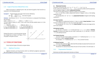1. Quadratic Equations eLearn.Punjab 1. Quadratic Equations eLearn.Punjab
1. Functions and Limits 1. Functions and LimitseLearn.Punjab eLearn.Punjab
6
version: 1.1 version: 1.1
7
1.1.5 Graph of Functions Deined Piece-wise.
When the function f is deined by two rules, we draw the graphs of two functions as
explained in the following example:
Example 7: Find the domain and range of the function deined by:
f(x) =
x when 0 7x 71
x - 1 when 1 < x 72
also draw its graph.
[
Solution: Here domain f = [0, 1] j [1, 2] = [0, 2]. This function is composed of the following
two functions:
(i) f(x) = x when 0 7 x 7 1 (ii) f(x) = x - 1 , when 1 < x 7 2
To ind th table of values of x and y = f(x) in each case, we take suitable values to x in the
domain f. Thus
Table for y = f(x) = x Table of y = f(x) = x - 1:
x 0 0.5 0.8 1 x 1.1 1.5 1.8 2
y = f(x) 0 0.5 0.8 1 y = f(x) 0.1 0.5 0.8 1
Plotting the points (x, y) and joining them we get
two straight lines as shown in the igure. This is
the graph of the given function.
1.2 TYPES OF FUNCTIONS
Some important types of functions are given below:
1.2.1 Algebraic Functions
Algebraic functions are those functions which are deined by algebraic expressions.
We classify algebraic functions as follows:
(i) Polynomial Function
A function P of the form P(x) = an
xn
+ an-1
xn-1
+ an-2
xn-2
+ .... + a2
x2
+ a1
x + a0
for all x, where the coeicient an
, an-1
, an-2
, .... , a2
, a1
, a0
are real numbers and the exponents
are non-negative integers, is called a polynomial function.
The domain and range of P(x) are, in general, subsets of real numbers.
If an
≠ 0 , then P(x) is called a polynomial function of degree n and an
is the leading
coeicient of P(x) .
For example, P(x) = 2x4
- 3x3
+ 2x - 1 is a polynomial function of degree 4 with leading
coeicient 2.
(ii) Linear Function
If the degree of a polynomial function is 1, then it is called a linear function. A linear
function is of the form: f(x) = ax + b (a ≠ 0), a, b are real numbers.
For example f(x) = 3x + 4 or y = 3x + 4 is a linear function. Its domain and range are the
set of real numbers.
(iii) Identity Function
For any set X, a function I : X " X of the form I(x) = x " x d X , is called an identity
function. Its domain and range is the set X itself. In particular, if X = R , then I(x) = x , for all x
d R , is the identity function.
(iv) Constant function
Let X and Y be sets of real numbers. A function C : X " Y deined by C(x) = a , " x d X , a
d Y and ixed, is called a constant function.
For example, C : R " R deined by C(x) = 2, " x d R is a constant function.
(v) Rational Function
A function R(x) of the form
P(x)
Q(x)
, where both P(x) and Q(x) are polynomial functions and
Q(x) ≠ 0, is called a rational function.
The domain of a rational function R(x) is the set of all real numbers x for which Q(x) ≠ 0.
1.2.2 Trigonometric Functions
We denote and deine trigonometric functions as follows:
 